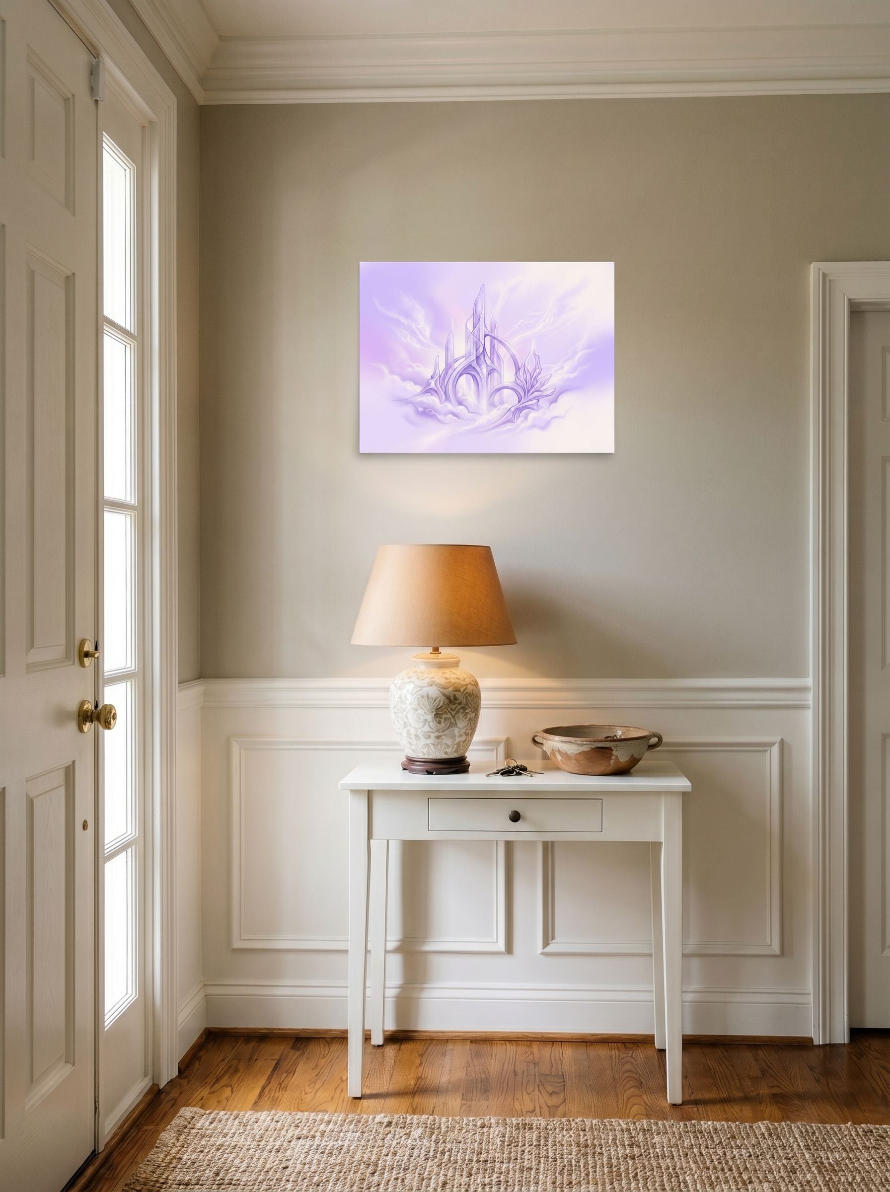 A 24x18 inch unframed paper Surrealism print of 'Cloud City Crystal' hanging in an entryway near a console.