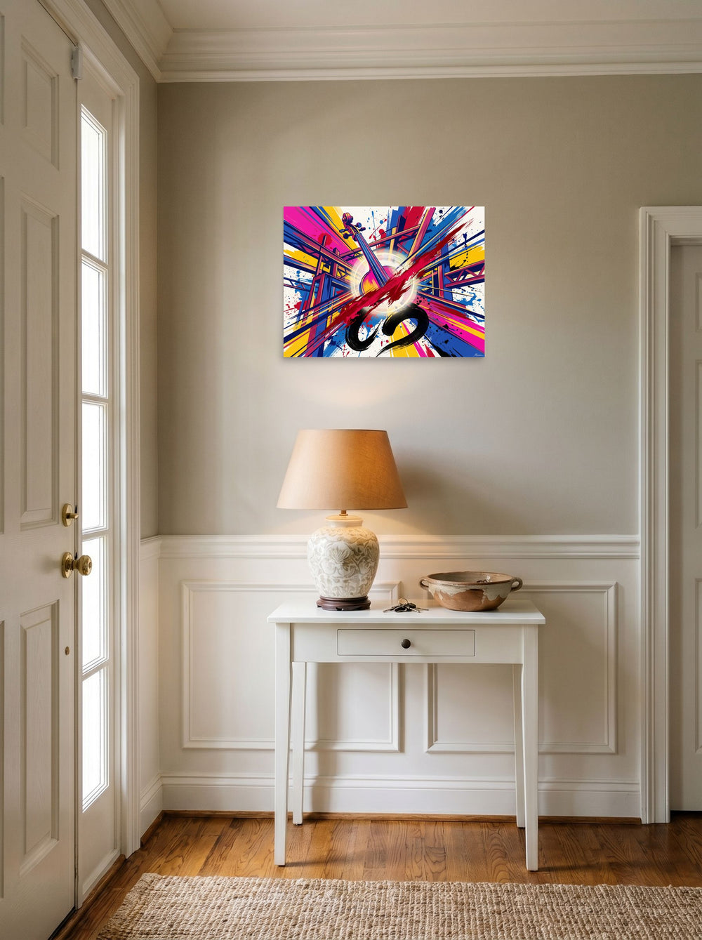 unframed paper wall art 'Resonant Frequency' set against a bright entryway wall, at 24x18 inch.