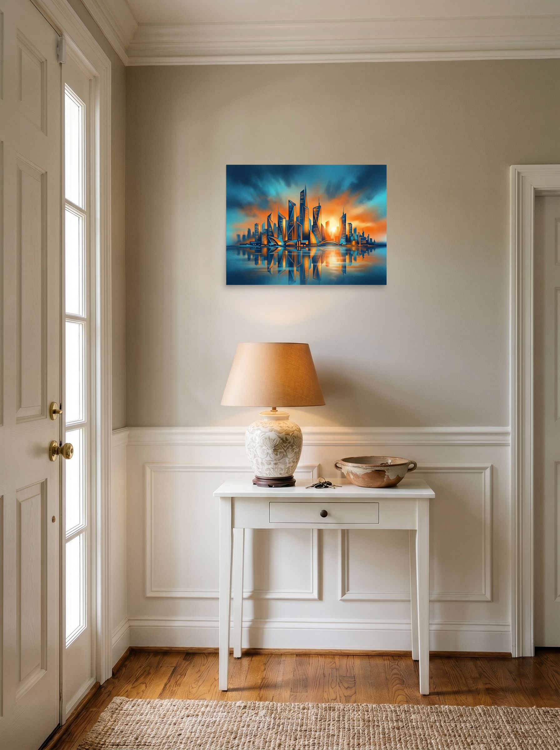 A 24x18 inch unframed paper Modernism print of 'Golden Hour Metropolis' hanging in an entryway near a console.