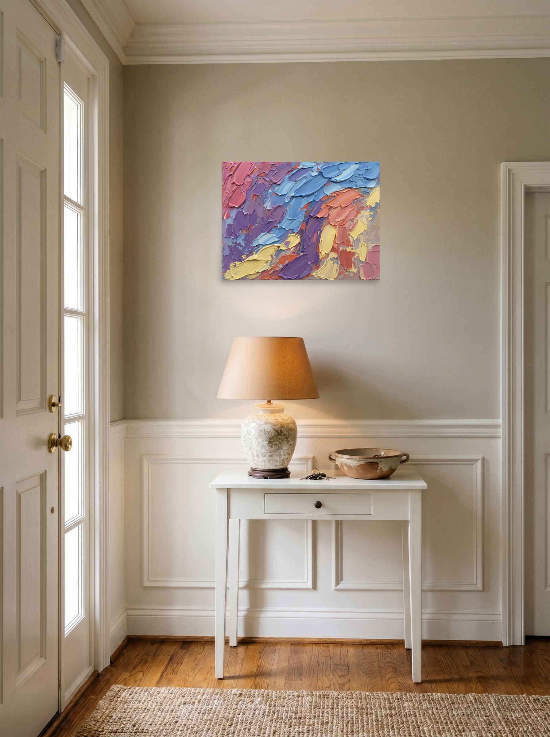 A 24x18 inch unframed paper Abstract expressionism print of 'Vibrant Palette Dance' hanging in an entryway near a console.