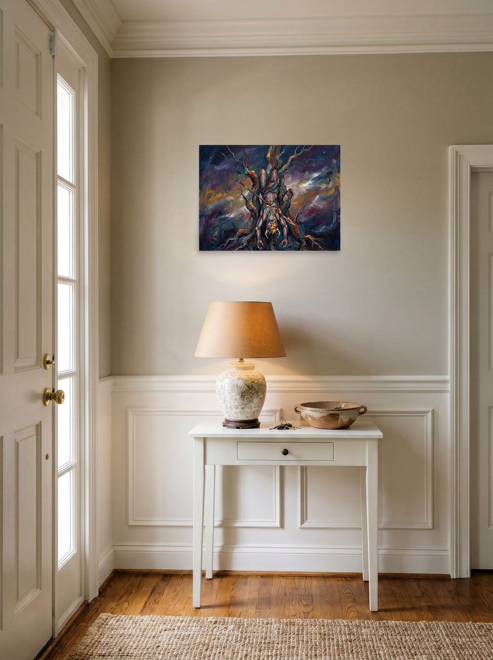 'The Hanged God' styled above a console table in an entryway, printed as unframed paper at 24x18 inch.