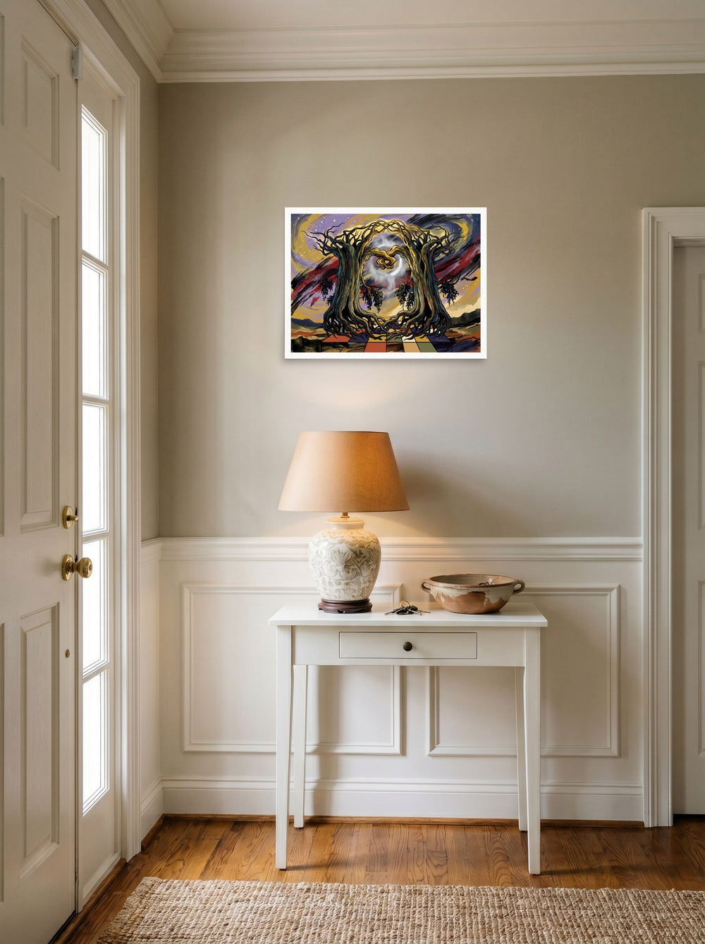 A 24x18 inch unframed paper Surrealism print of 'Tree Portal', set against a bright entryway wall.