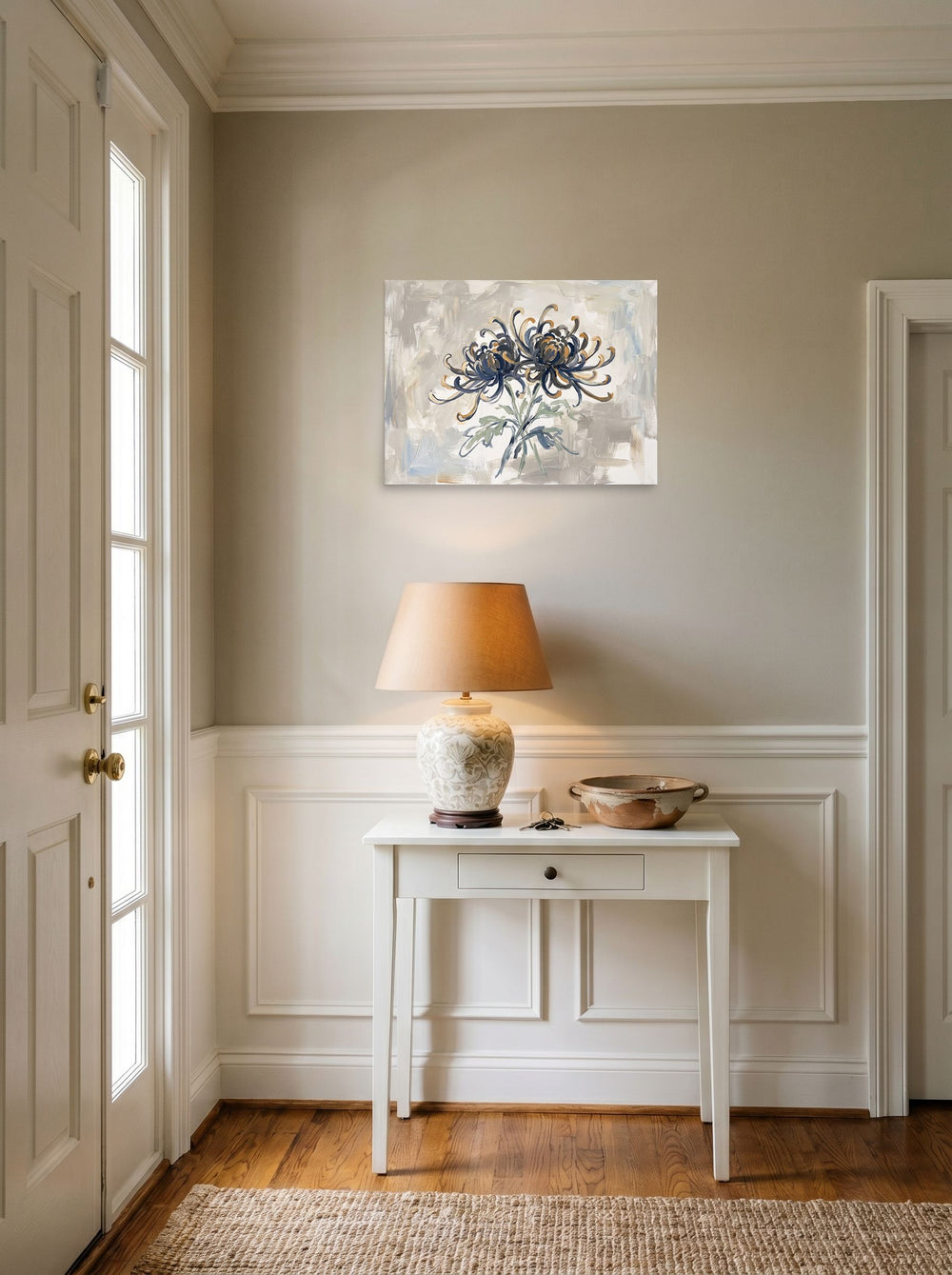unframed paper wall art 'Midnight Chrysanthemums' hanging in an entryway near a console, at 24x18 inch.
