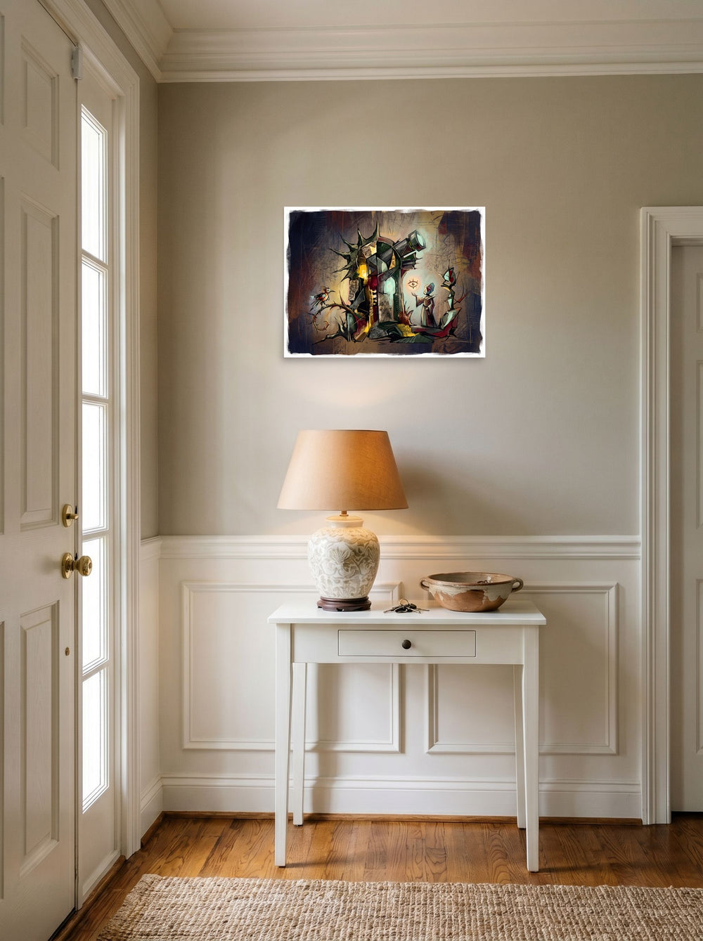 24x18 inch unframed paper print of 'The Celestial Watcher', set against a bright entryway wall.