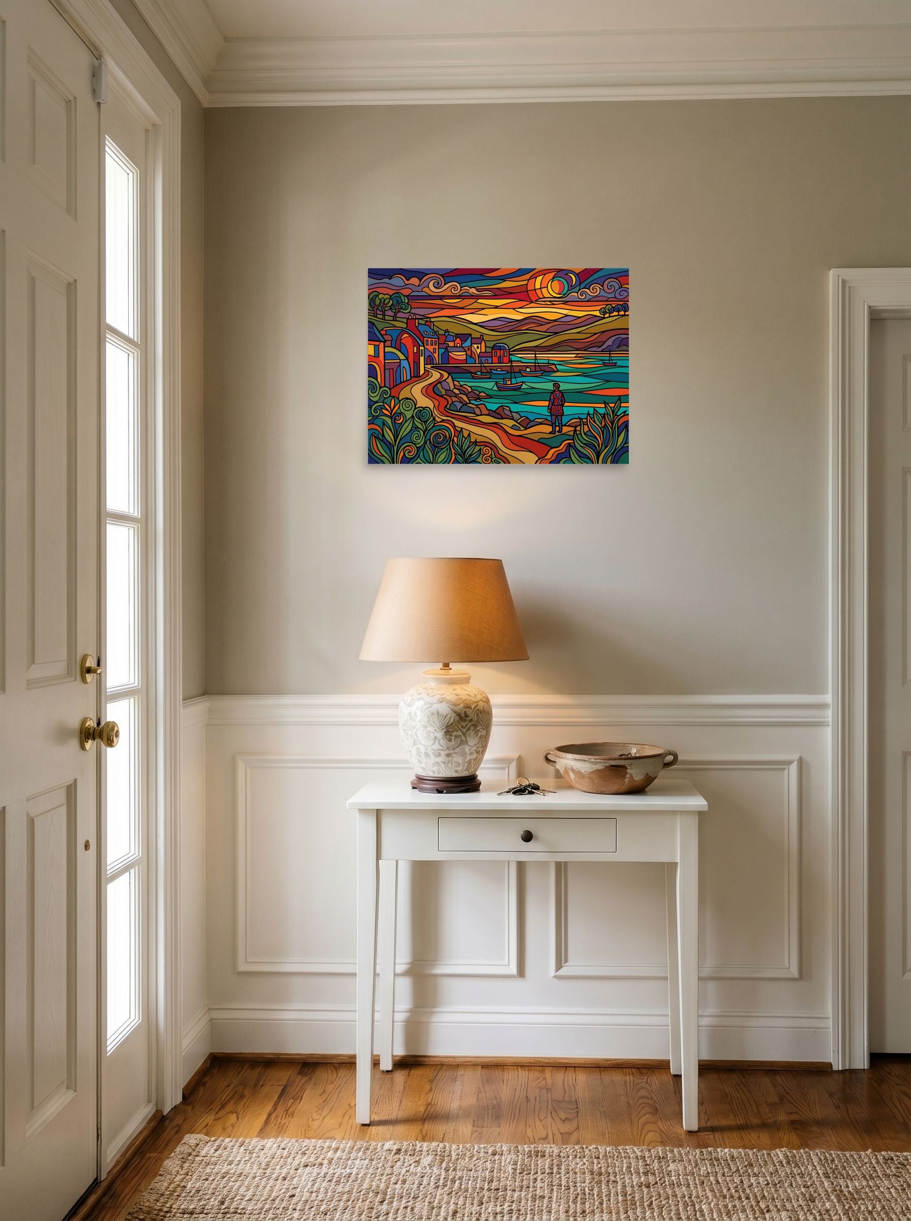A 24x18 inch unframed paper Cloisonnism print of 'Harbor at Dusk in Stained Glass' hanging in an entryway near a console.