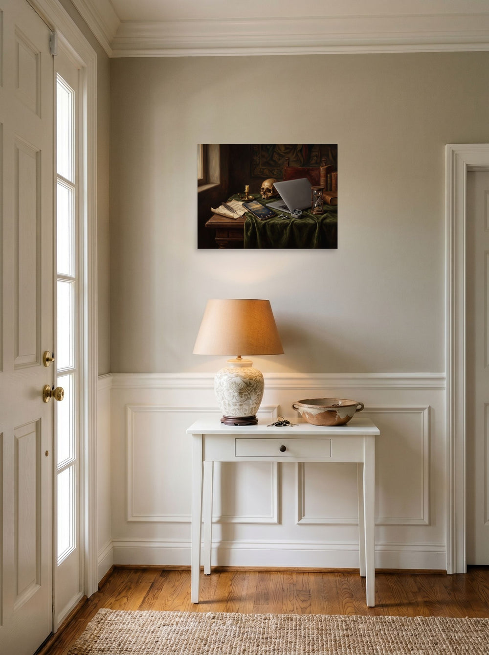 The unframed paper print 'Digital Vanitas' styled above a console table in an entryway, shown at 24x18 inch.
