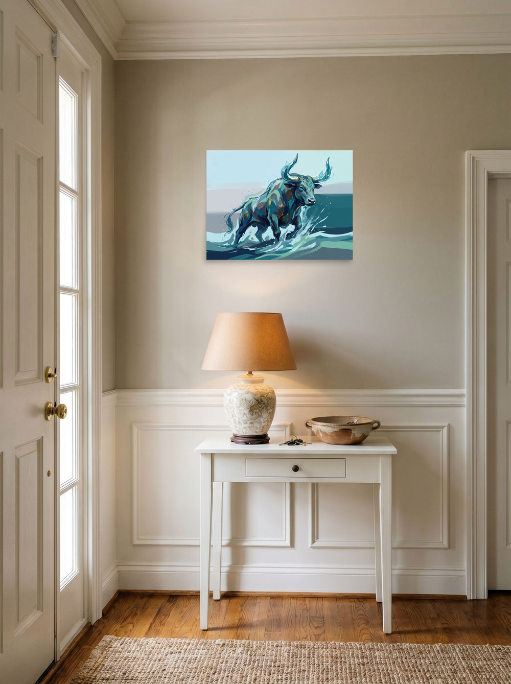 A 24x18 inch unframed paper version of 'The River Bull', Expressionism wall art, hanging in an entryway near a console.