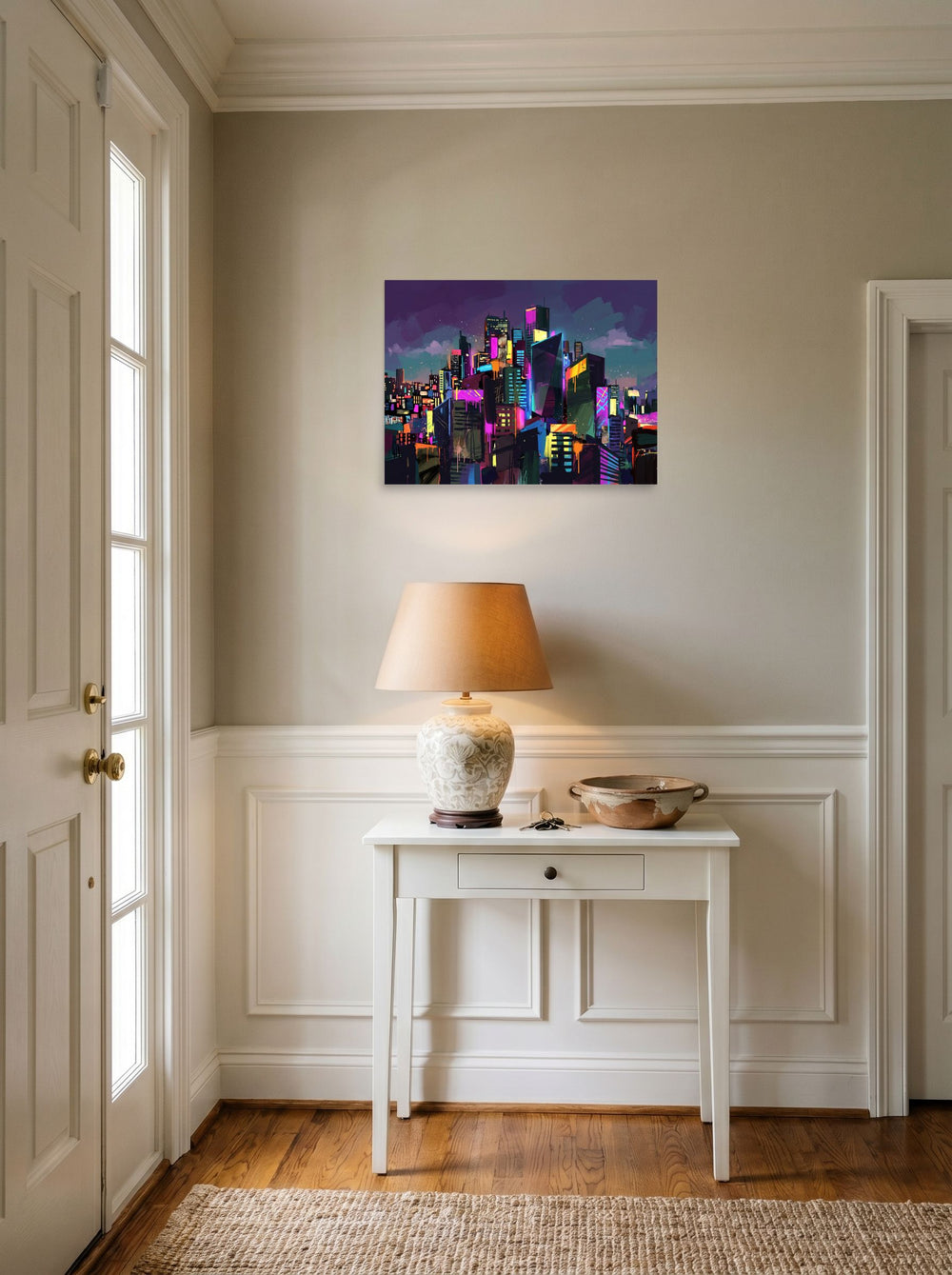 unframed paper wall art 'Neon Metropolis' styled above a console table in an entryway, at 24x18 inch.