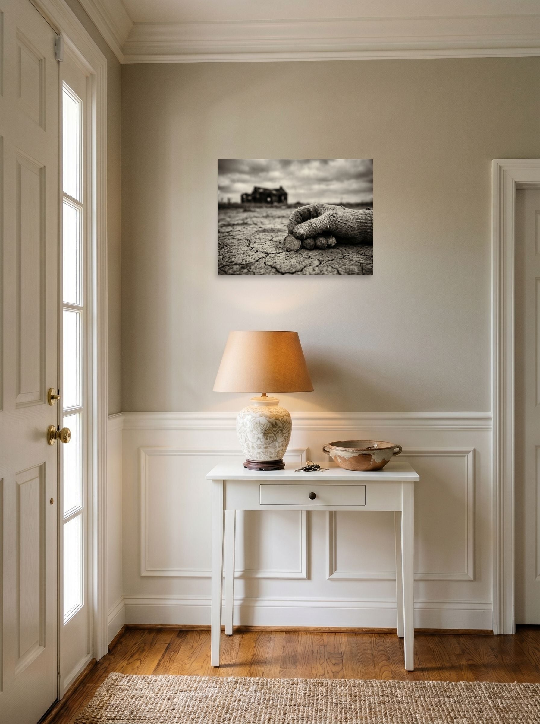 A 24x18 inch unframed paper American realism print of 'The Last Coin' hanging in an entryway near a console.