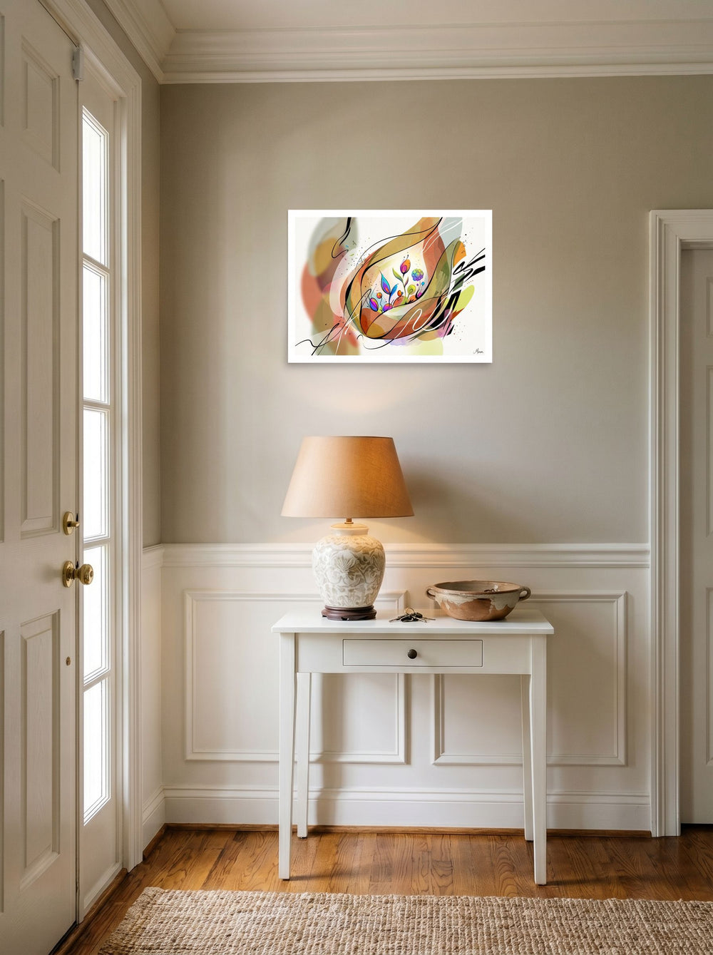 A unframed paper print of the Lyrical abstraction artwork 'Lyrical Blooms in Warm Light', hanging in an entryway near a console.