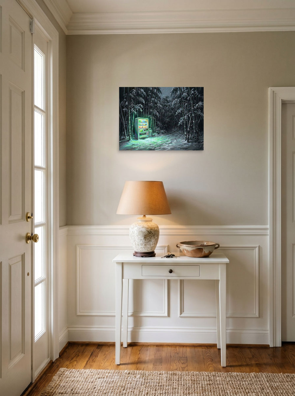 A 24x18 inch unframed paper Magic realism print of 'Midnight Glow in the Grove' hanging in an entryway near a console.