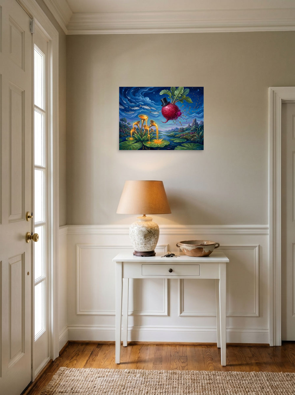 See 'The Keyholder Radish' as a unframed paper print (24x18 inch), set against a bright entryway wall.