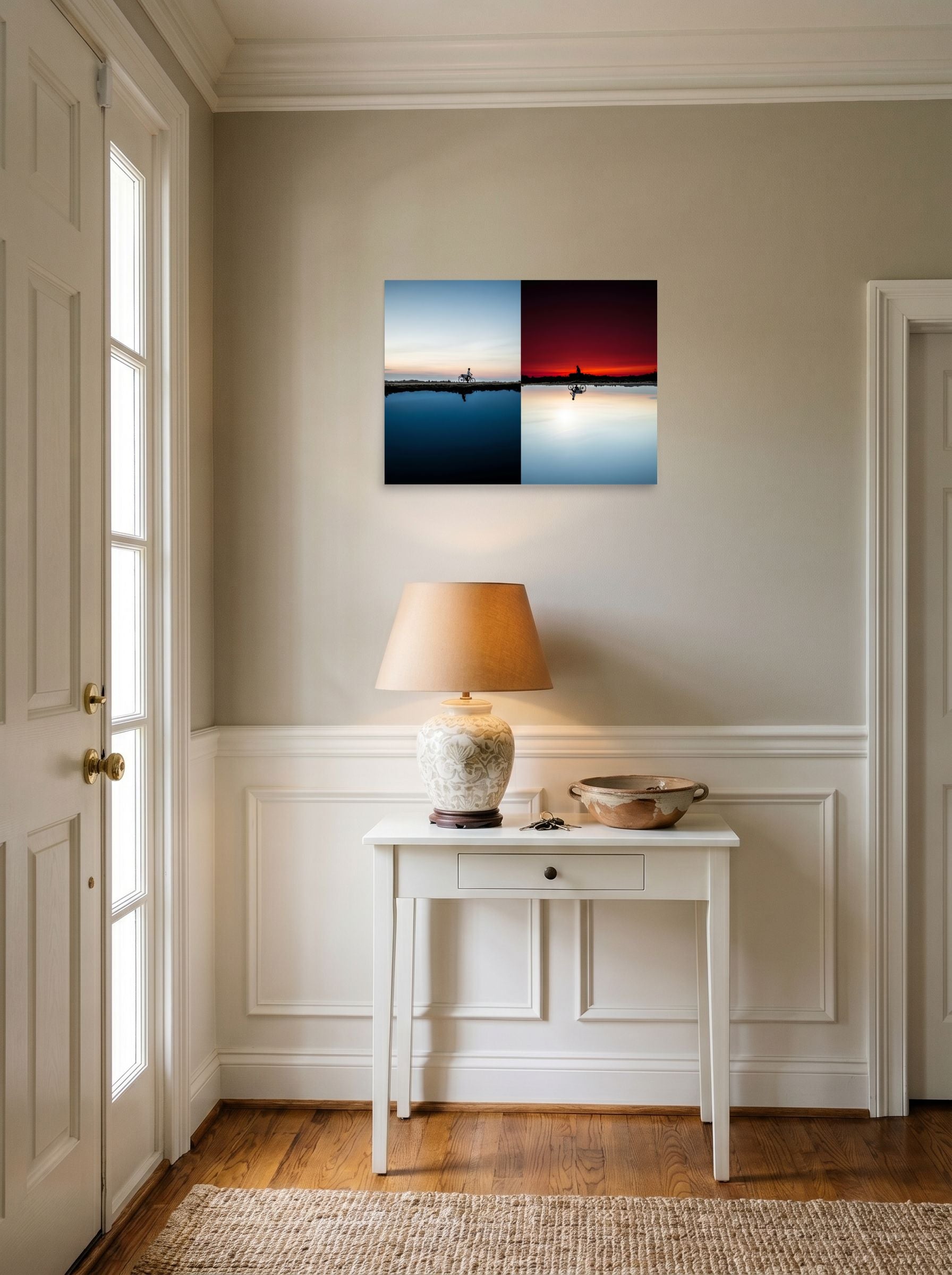 A 24x18 inch unframed paper Surrealism print of 'Two Worlds Riding' hanging in an entryway near a console.