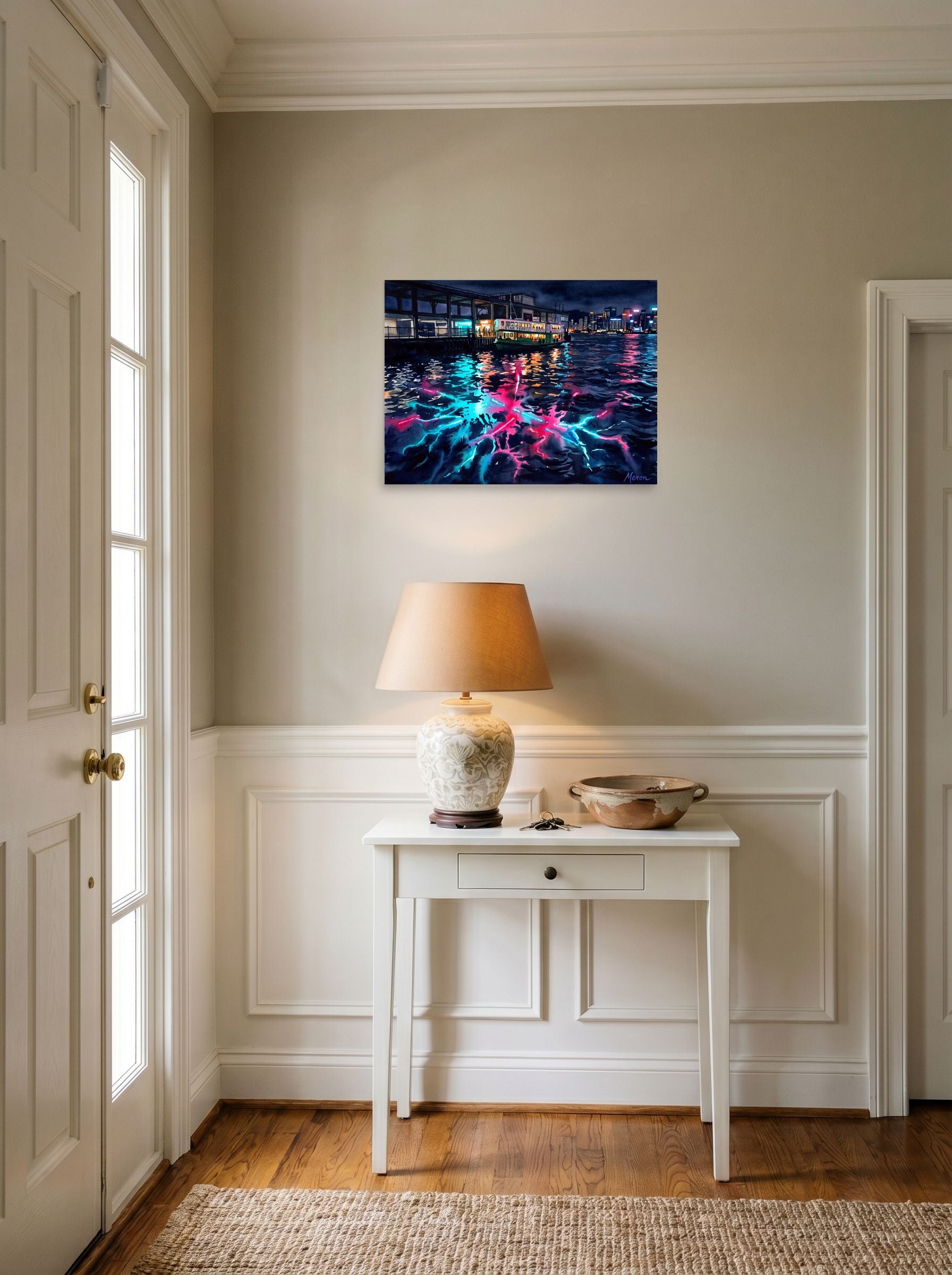A 24x18 inch unframed paper Impressionism print of 'Star Ferry Serenity' hanging in an entryway near a console.