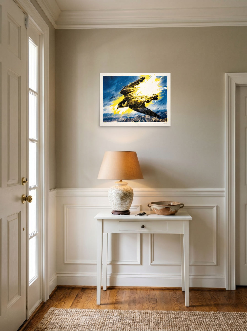 unframed paper wall art 'Velocity' hanging in an entryway near a console, at 24x18 inch.