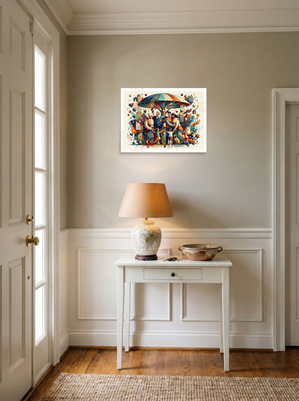 Figurative art wall art 'Under the Family Canopy', unframed paper at 24x18 inch, styled above a console table in an entryway.