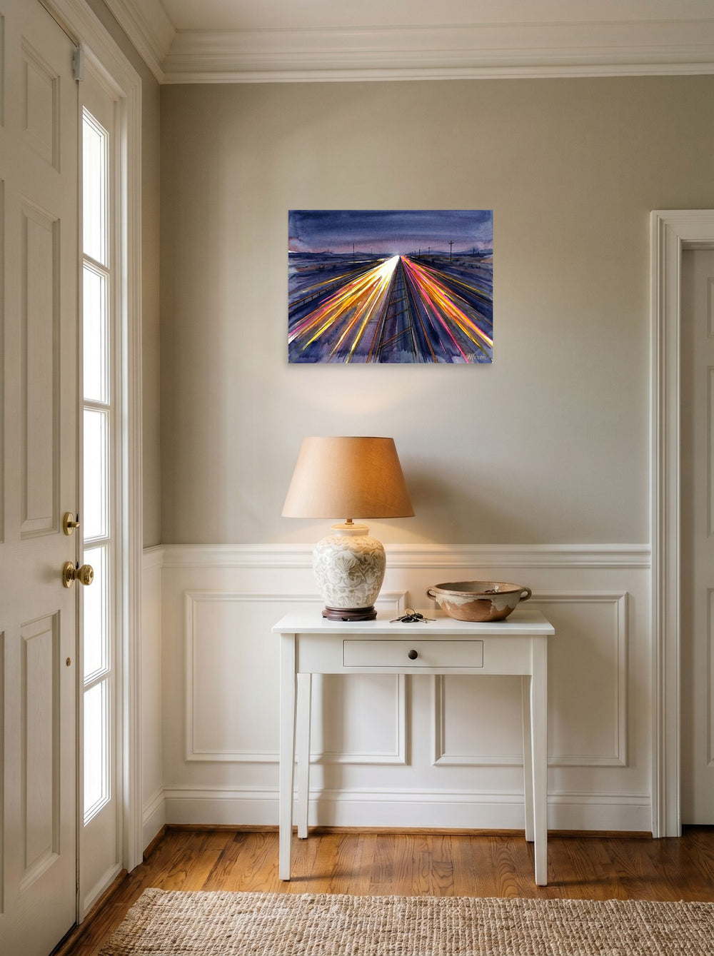 A 24x18 inch unframed paper Futurism print of 'The American Interstate' hanging in an entryway near a console.