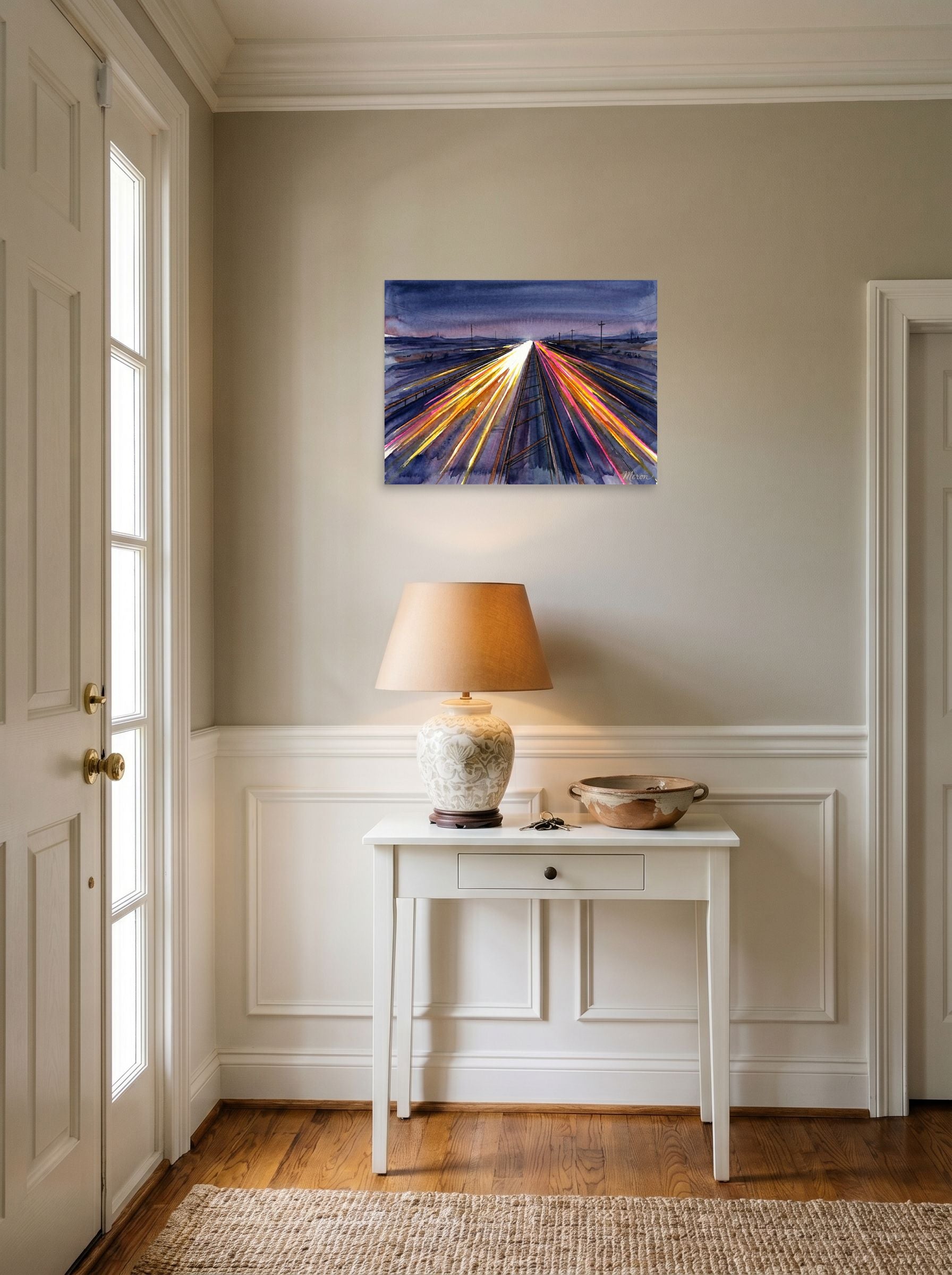 A 24x18 inch unframed paper Futurism print of 'The American Interstate' hanging in an entryway near a console.