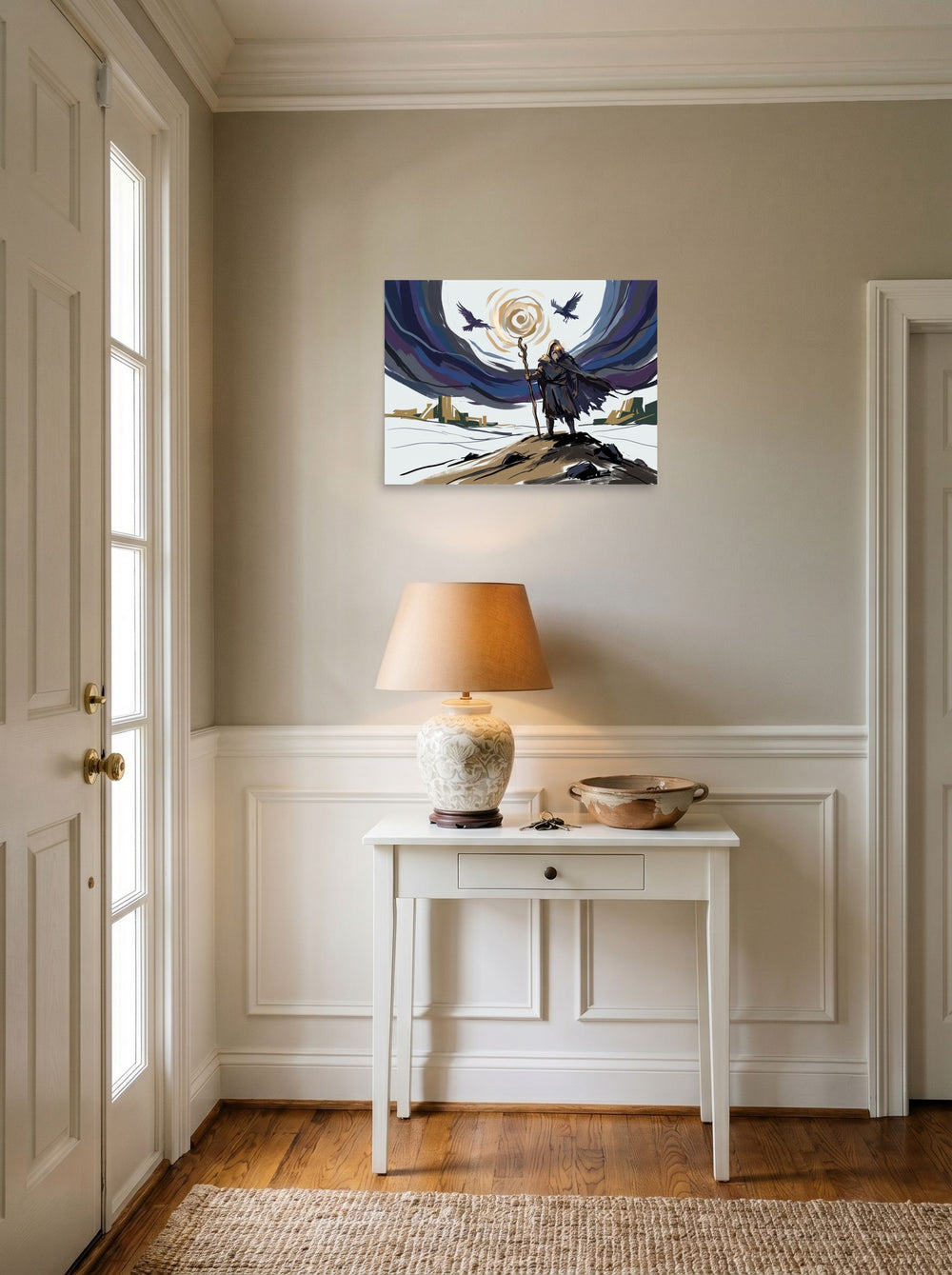 'The Wanderer's Eye' styled above a console table in an entryway. A 24x18 inch unframed paper Digital art print.