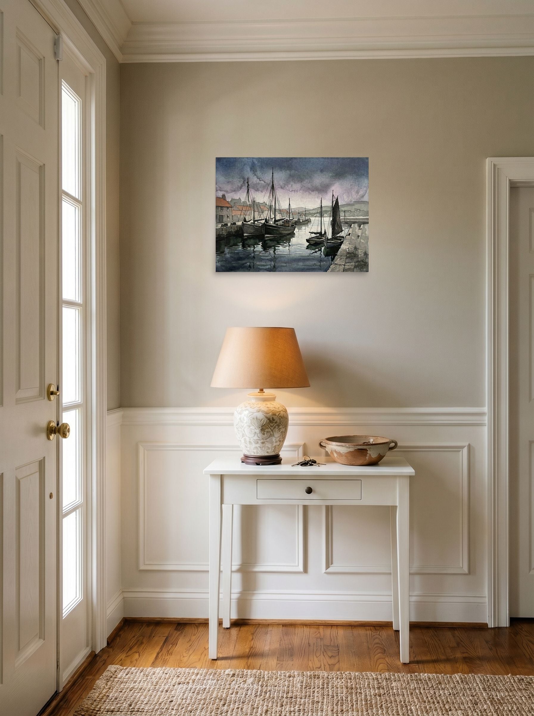 A 24x18 inch unframed paper Realism print of 'Harbor at Dusk' hanging in an entryway near a console.