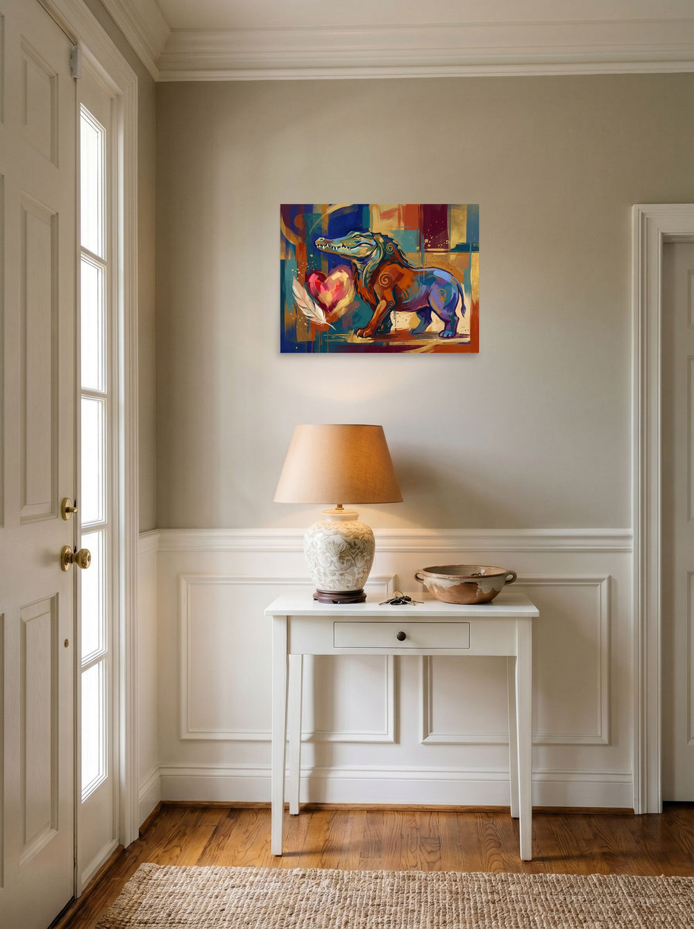 The Cubism print 'Ammit and the Feather', 24x18 inch unframed paper, styled above a console table in an entryway.