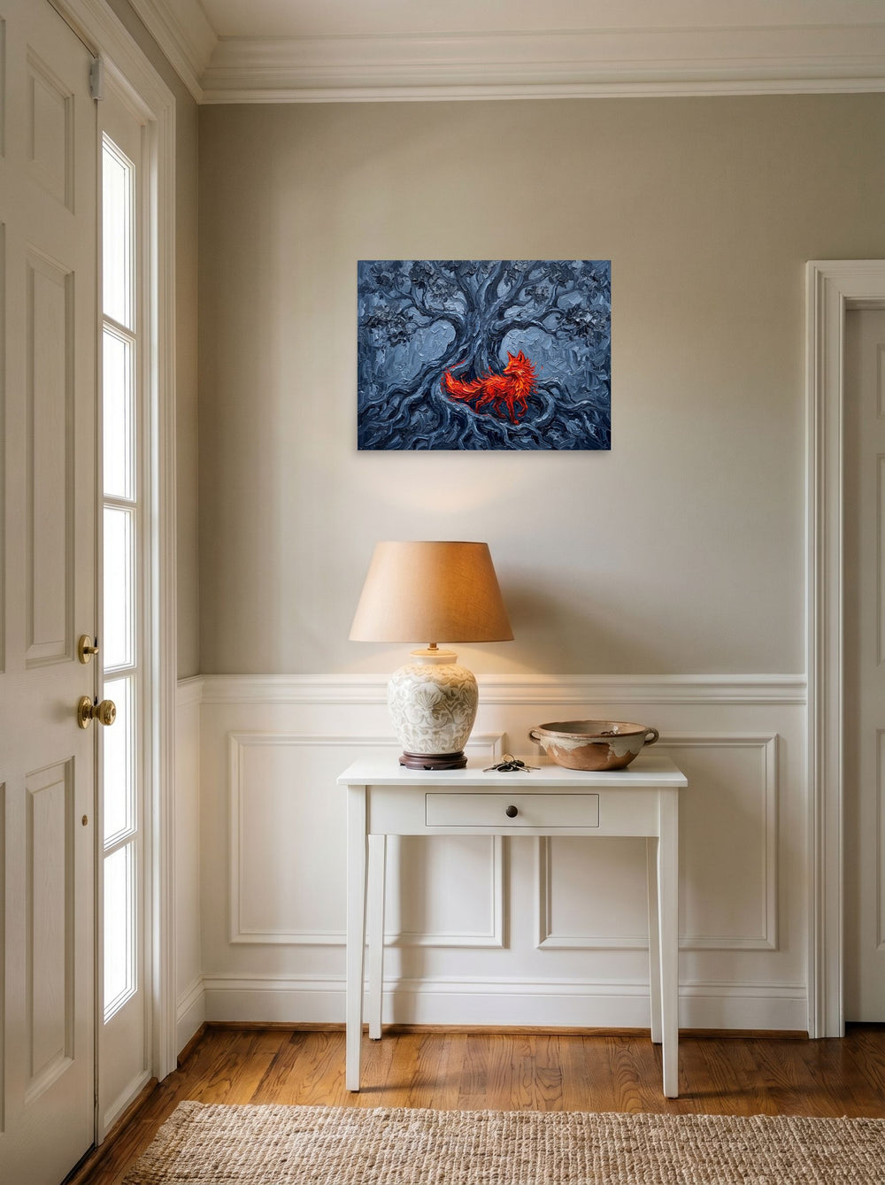 A 24x18 inch unframed paper Expressionism print of 'The Fox in the Shadows' hanging in an entryway near a console.