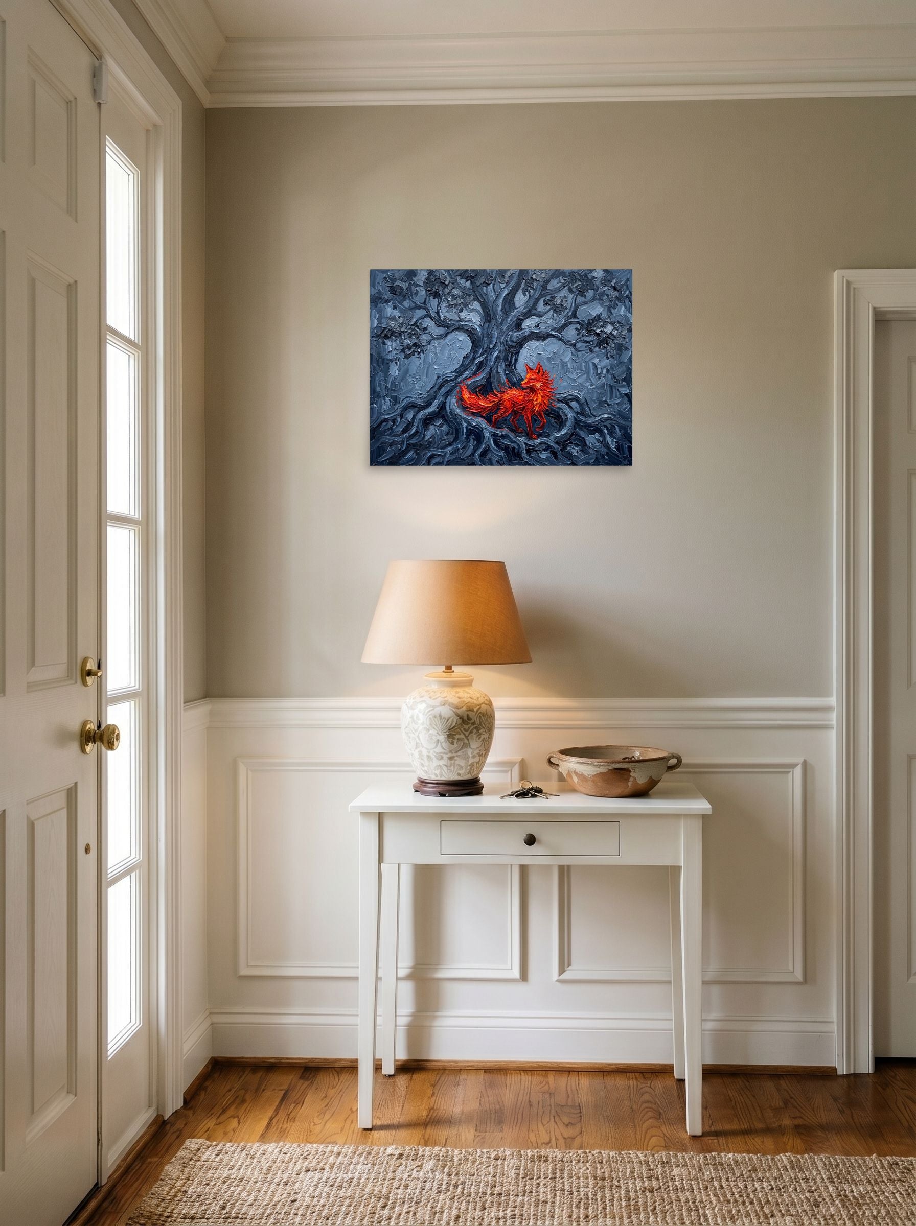 A 24x18 inch unframed paper Expressionism print of 'The Fox in the Shadows' hanging in an entryway near a console.