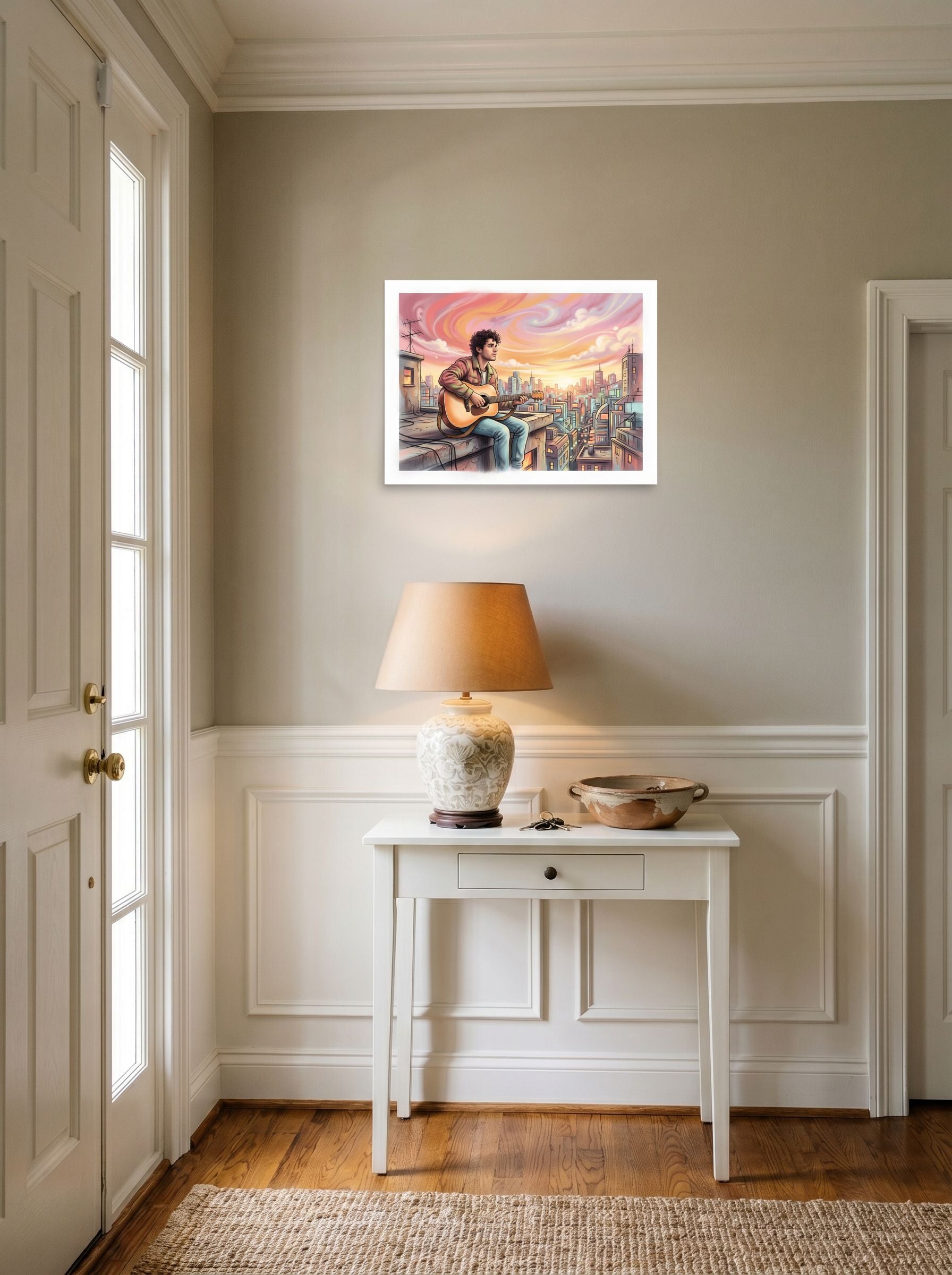 A 24x18 inch unframed paper American Scene Painting print of 'Rooftop Rhythms' hanging in an entryway near a console.