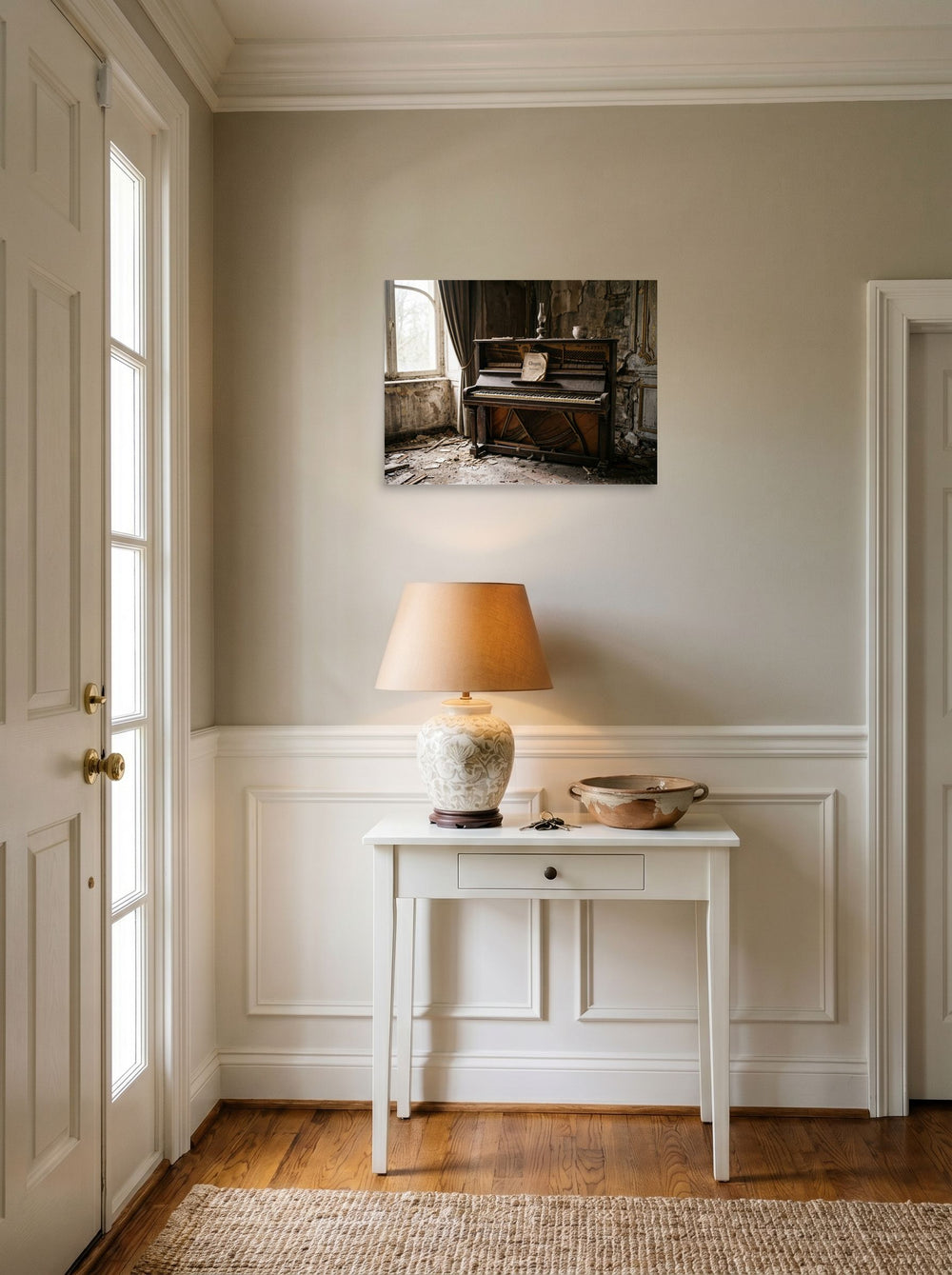 A 24x18 inch unframed paper Art photography print of 'The Forgotten Melody' hanging in an entryway near a console.