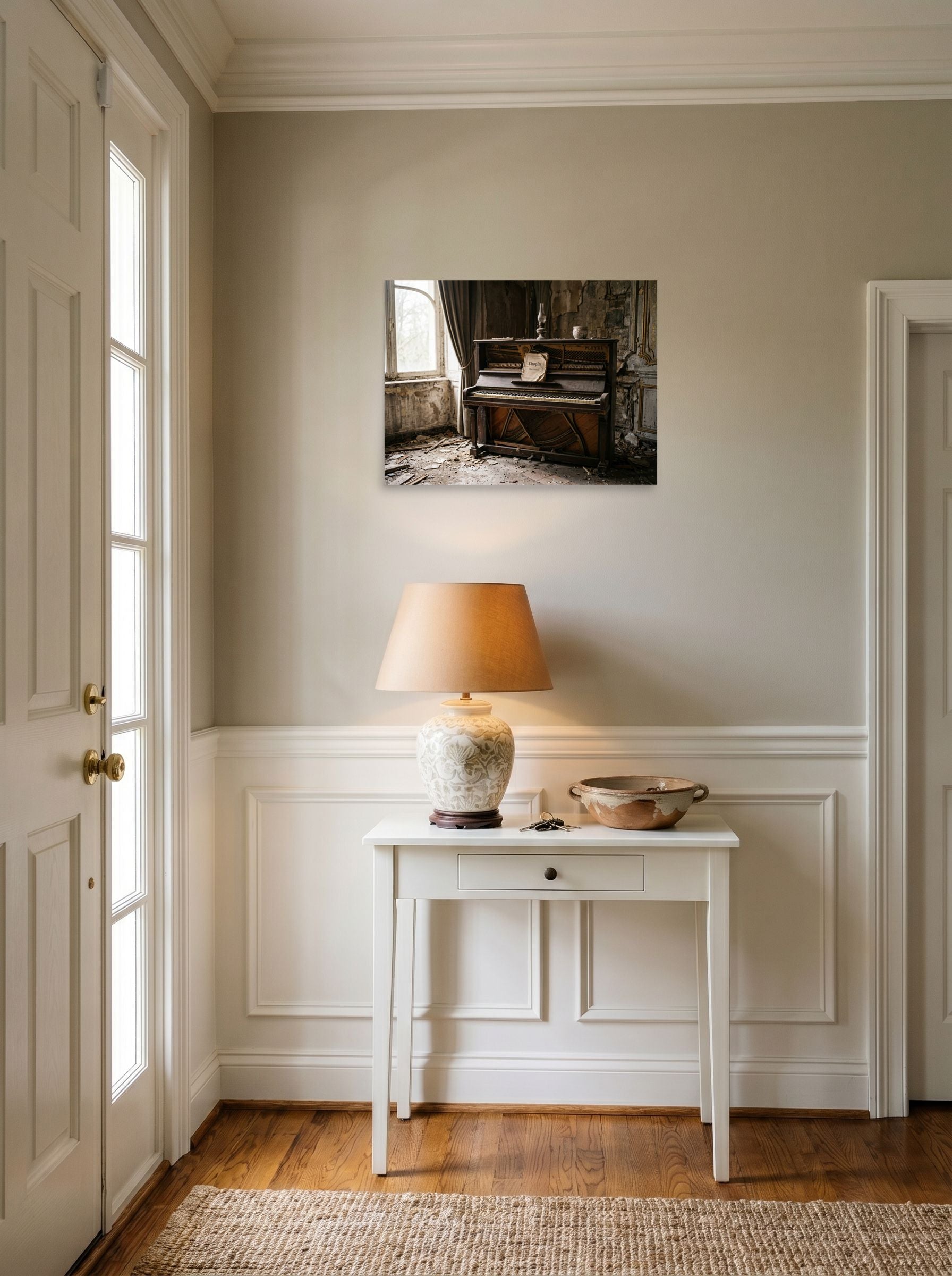A 24x18 inch unframed paper Art photography print of 'The Forgotten Melody' hanging in an entryway near a console.