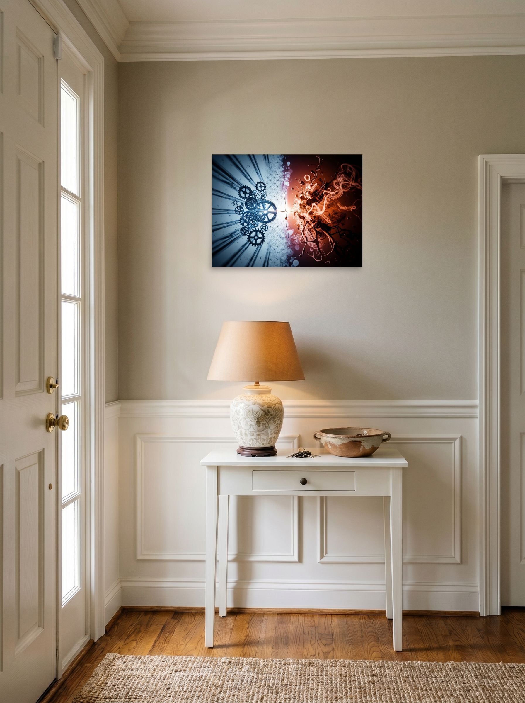A 24x18 inch unframed paper Abstract art print of 'Mechanical Genesis' hanging in an entryway near a console.