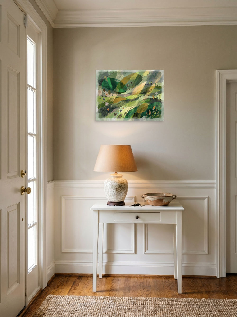 See 'Verdant Horizons' as a unframed paper print (24x18 inch), hanging in an entryway near a console.