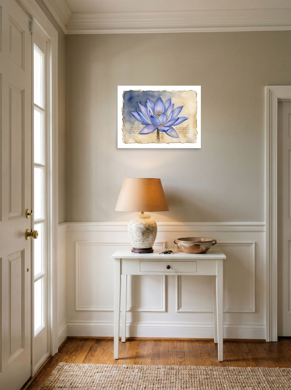 unframed paper wall art 'Blue Lotus Botanical' set against a bright entryway wall, at 24x18 inch.