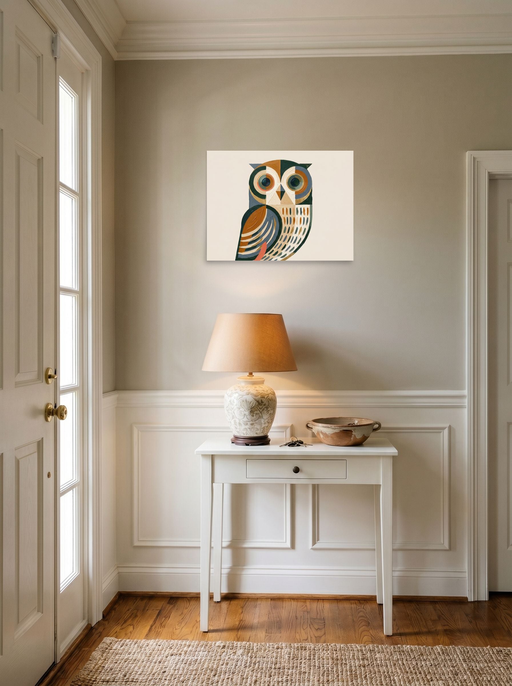 A 24x18 inch unframed paper Minimalism,Cubism print of 'Geometric Owl' hanging in an entryway near a console.