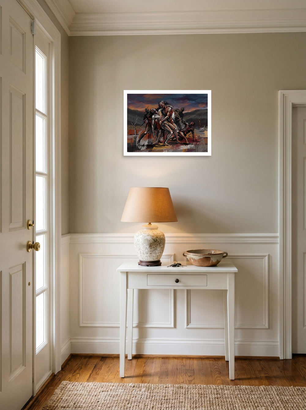 'The Fallen Hero' set against a bright entryway wall. A 24x18 inch unframed paper Expressionism print.