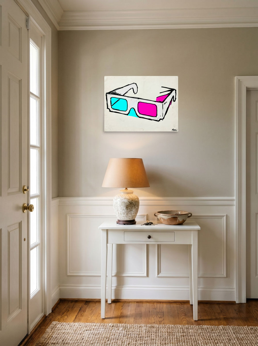 A 24x18 inch unframed paper Pop art print of 'Retro Vision' hanging in an entryway near a console.