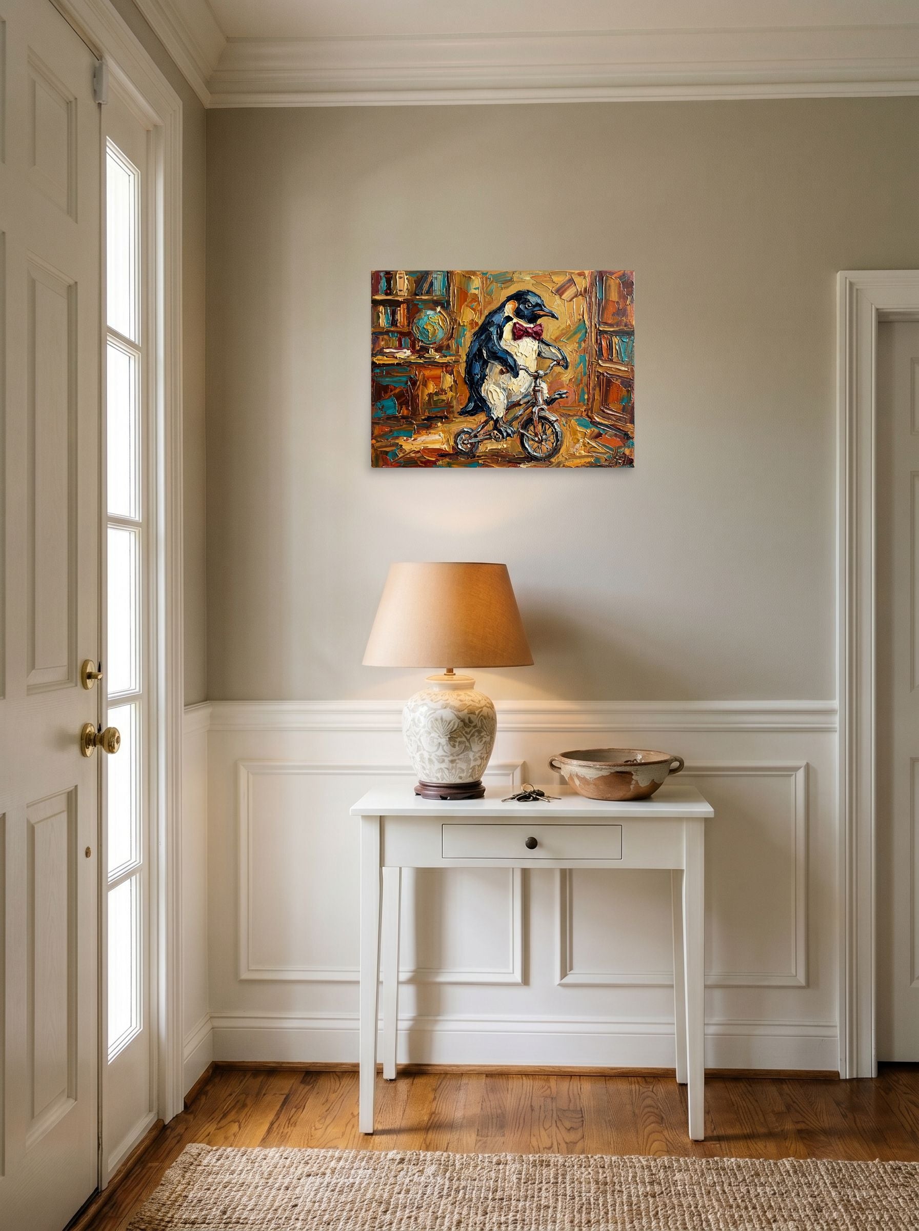 A 24x18 inch unframed paper Impressionism print of 'The Educated Penguin' hanging in an entryway near a console.