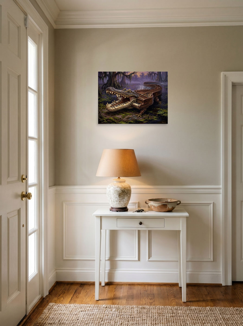The Surrealism print 'The Bayou Pianoforte', 24x18 inch unframed paper, styled above a console table in an entryway.