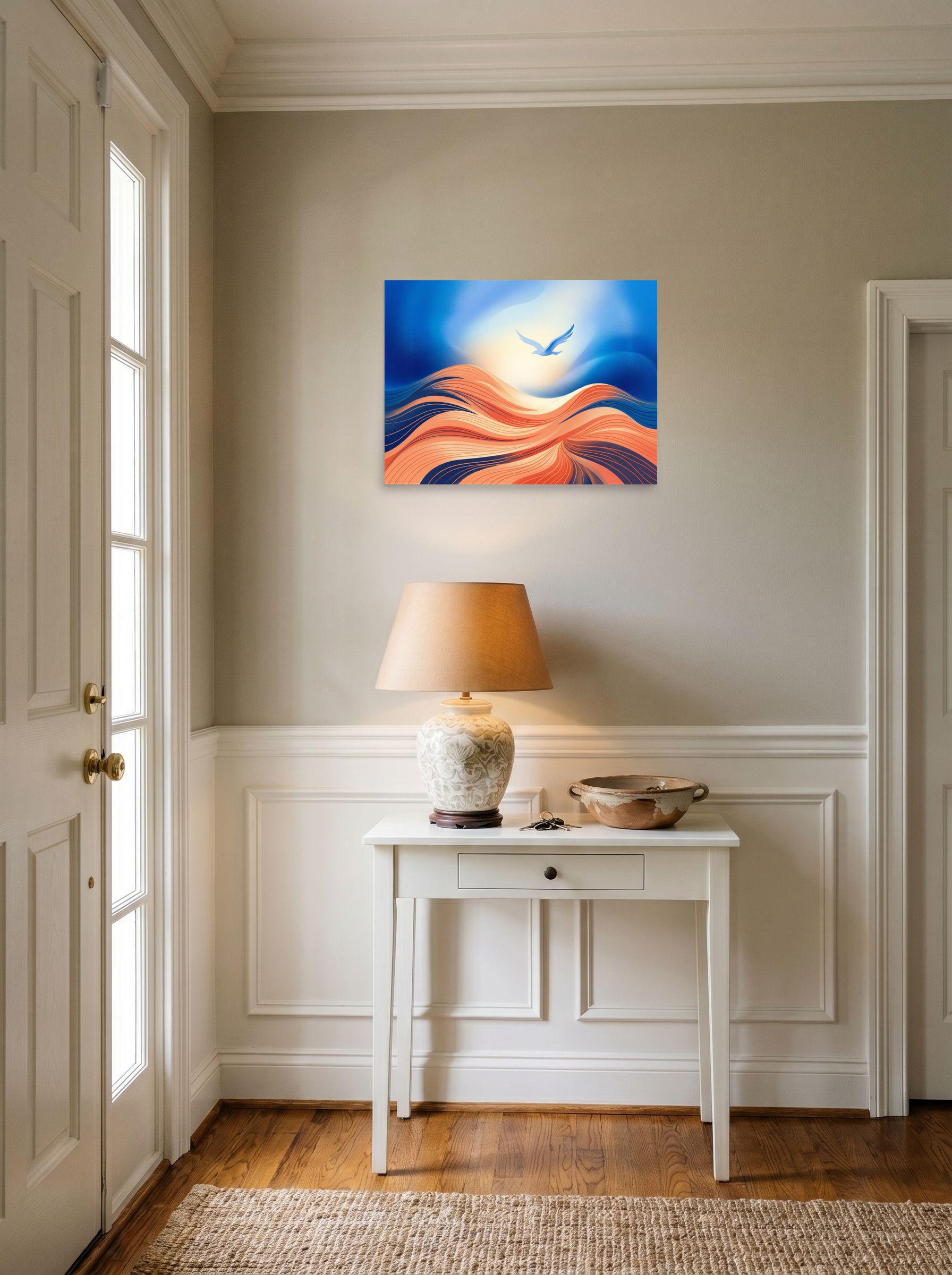 A 24x18 inch unframed paper Abstract art print of 'Flight Over the Dunes' hanging in an entryway near a console.