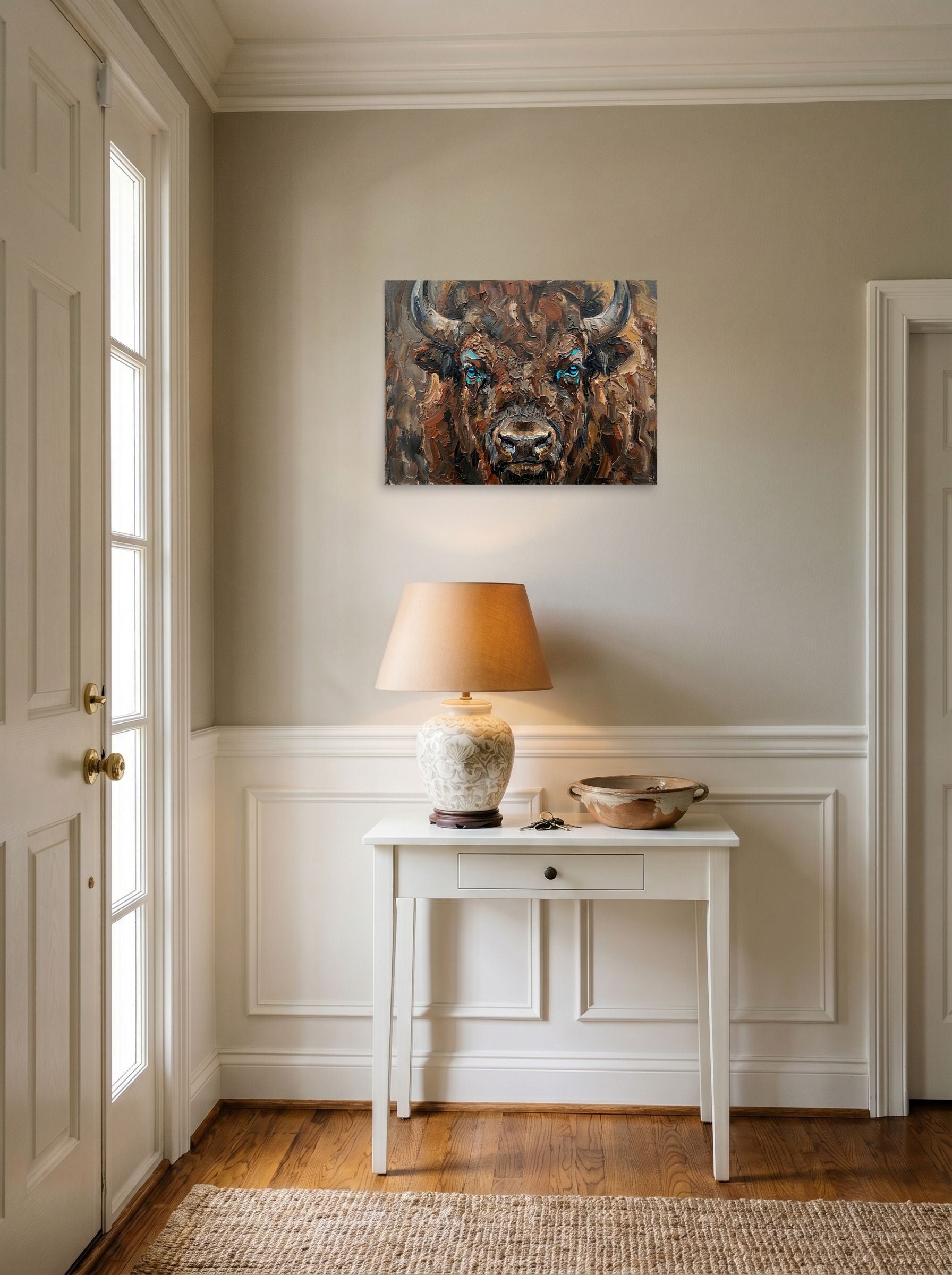 A 24x18 inch unframed paper Realism print of 'Gaze of the Plains' hanging in an entryway near a console.