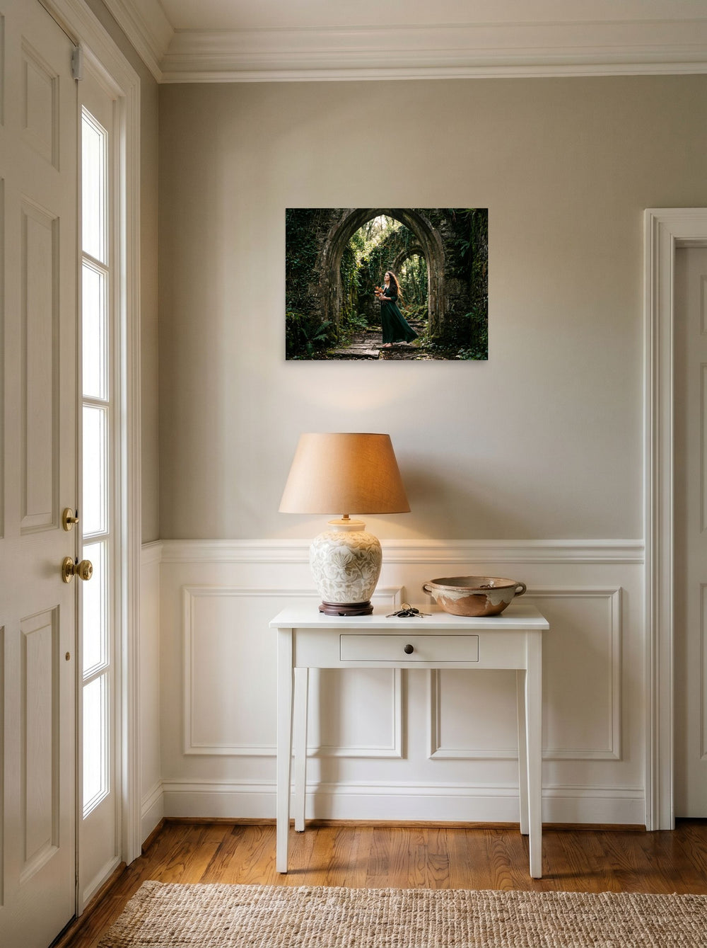 A 24x18 inch unframed paper Art photography print of 'The Forest Guardian' hanging in an entryway near a console.