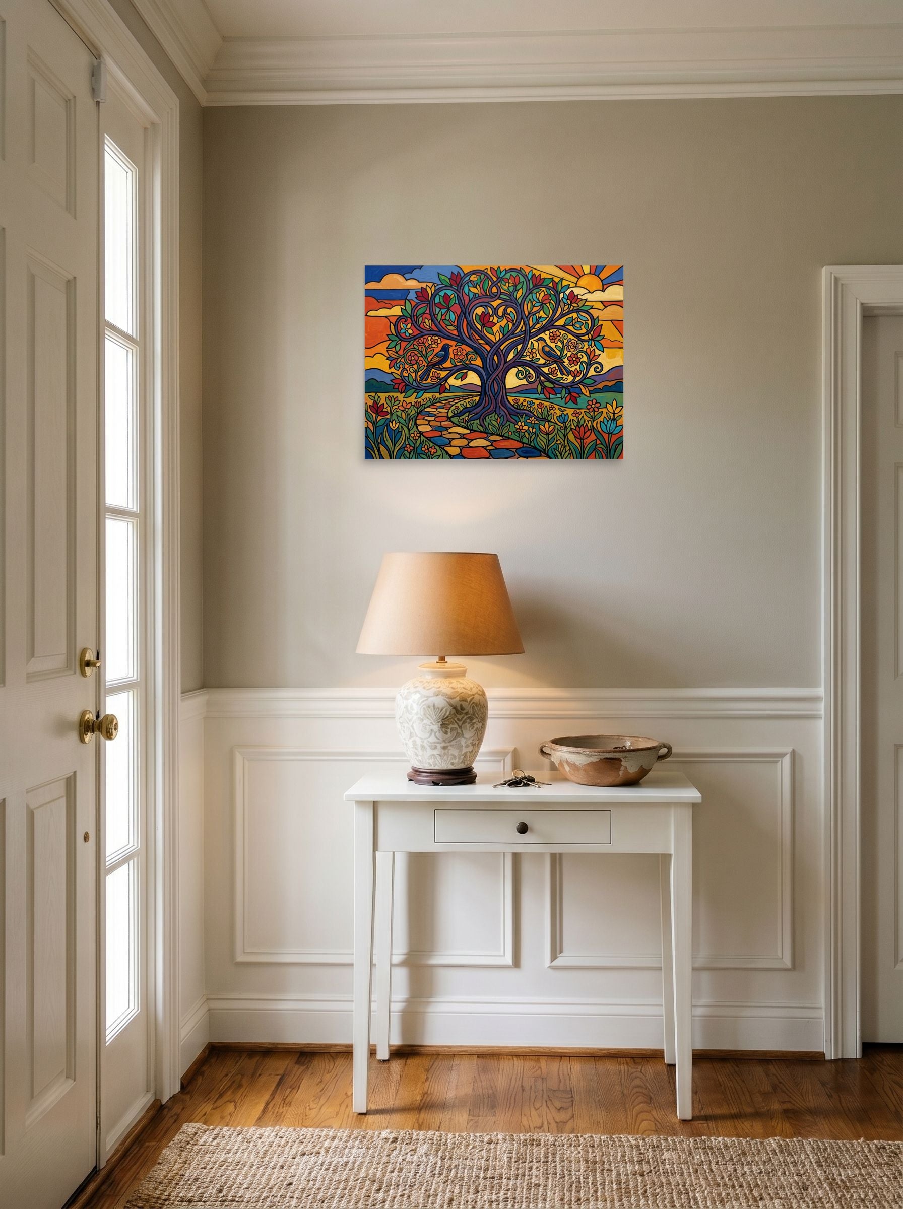 A 24x18 inch unframed paper Cloisonnism,Pop art print of 'The Tree of Life' hanging in an entryway near a console.
