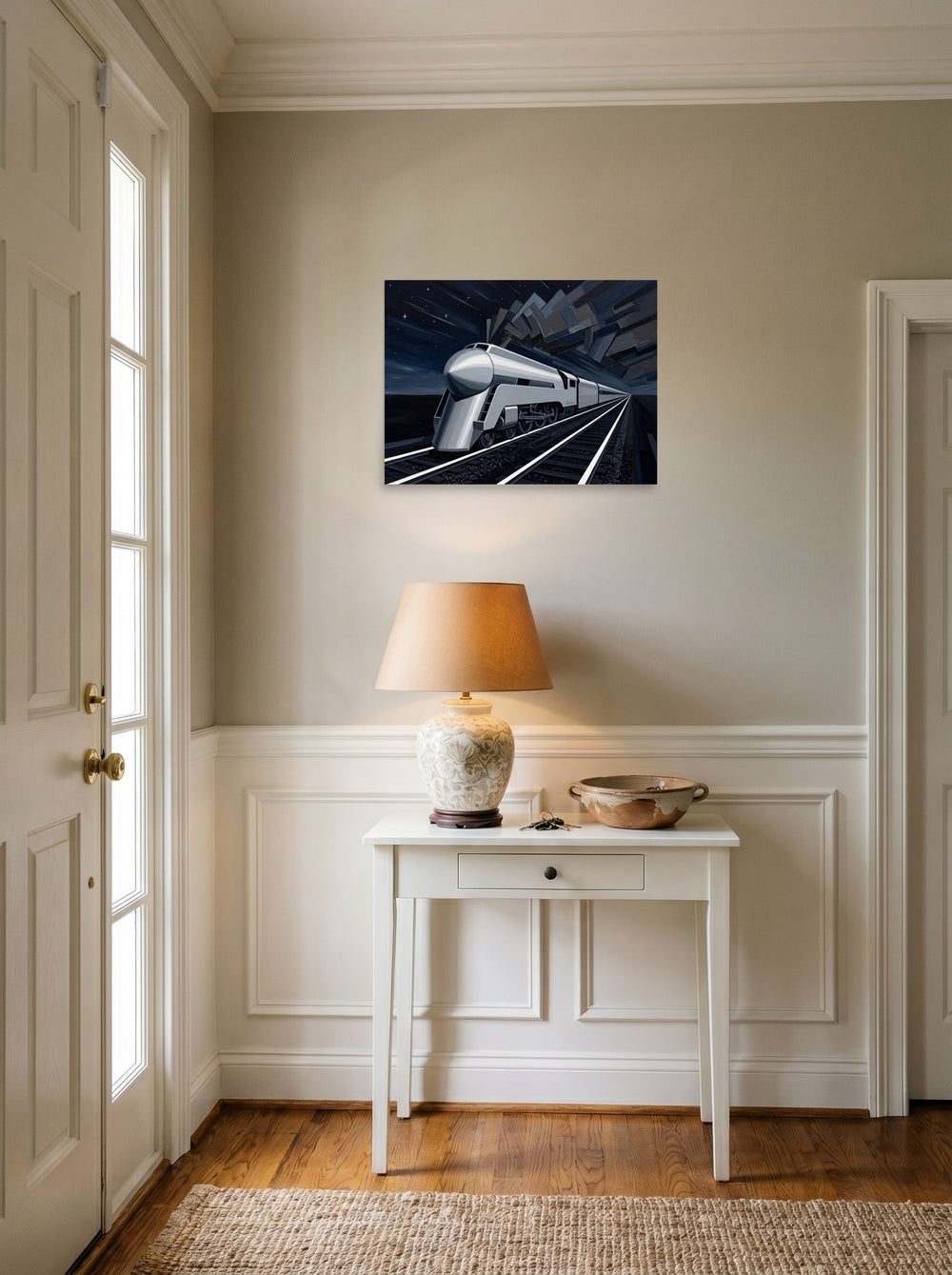 A 24x18 inch unframed paper Art Deco print of 'Midnight Express' hanging in an entryway near a console.