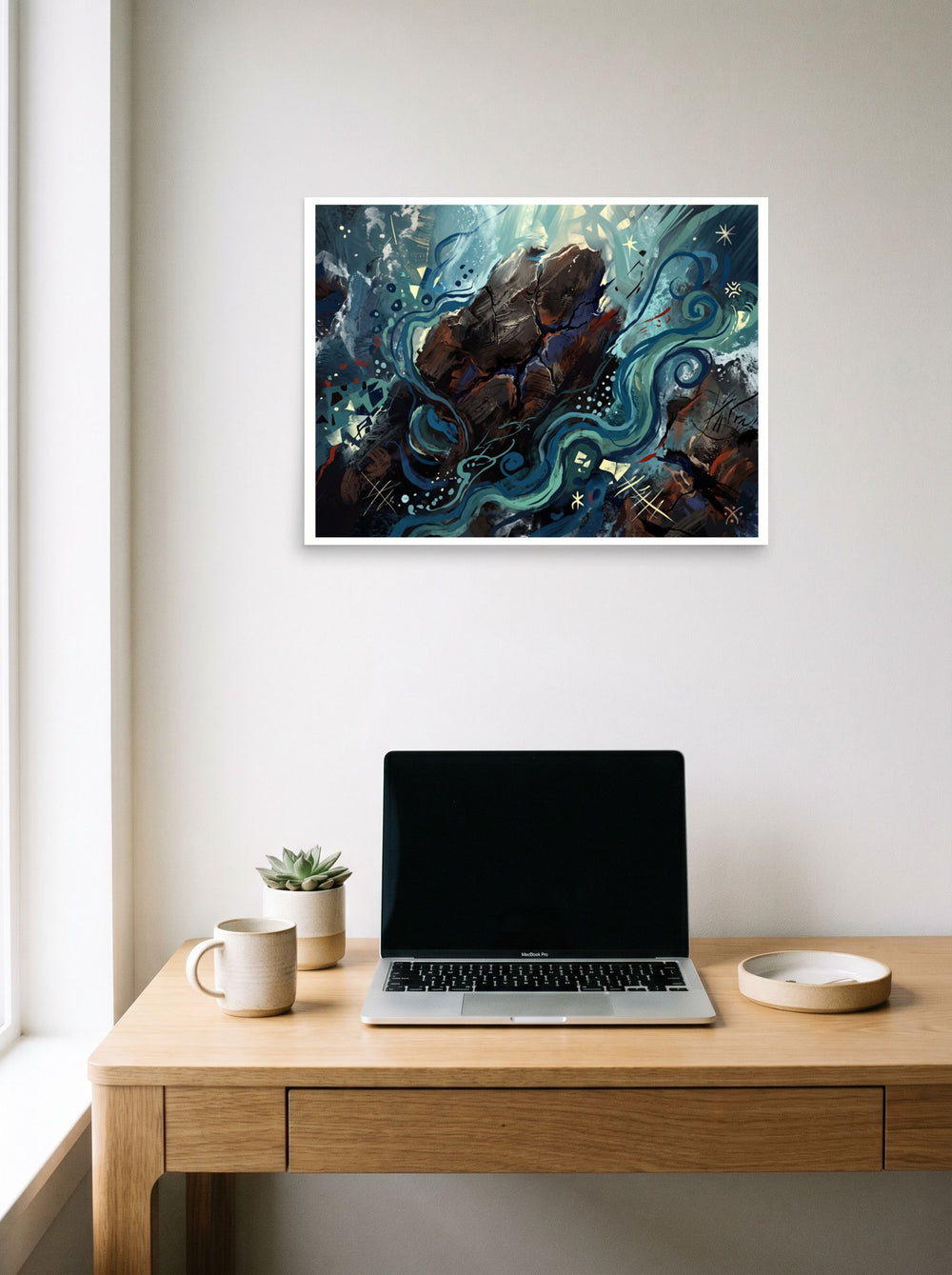 A 24x18 inch unframed paper Abstract expressionism print of 'Eternal Currents', displayed over a compact desk setup.
