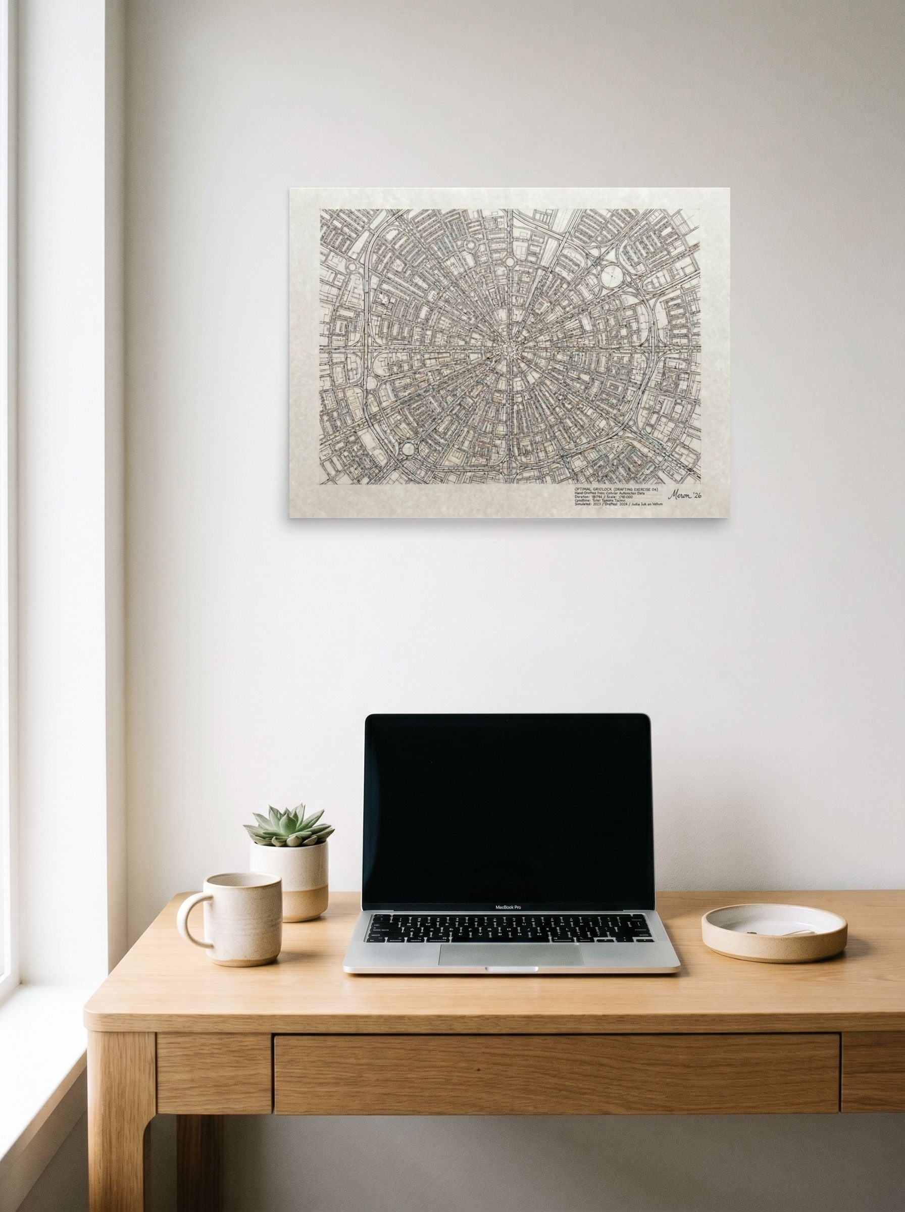 A 24x18 inch unframed paper Conceptual art,Precisionism print of 'Optimal Gridlock' hanging above a worktable with a laptop.