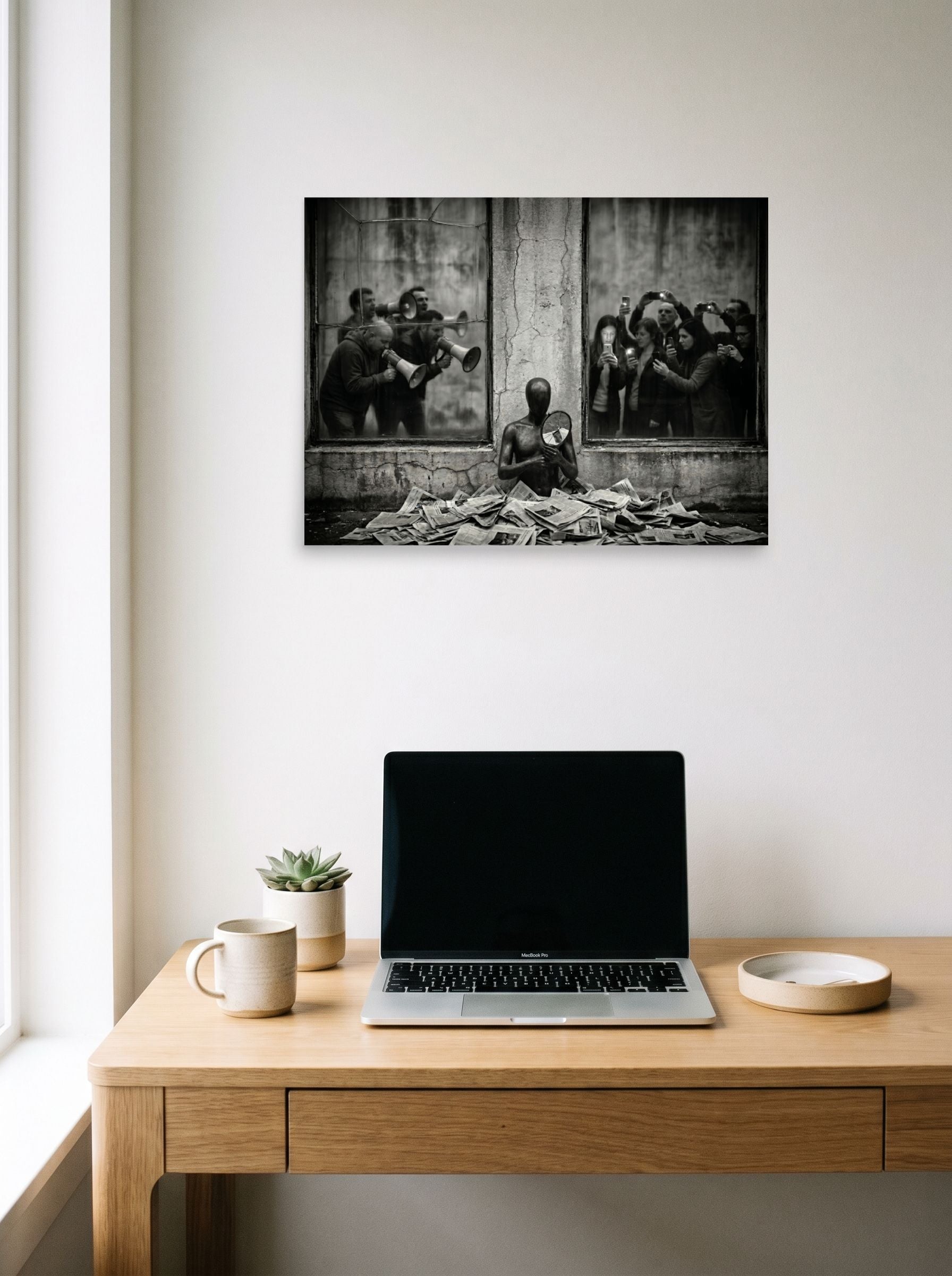 A 24x18 inch unframed paper Surrealism print of 'The Spectacle' hanging above a worktable with a laptop.