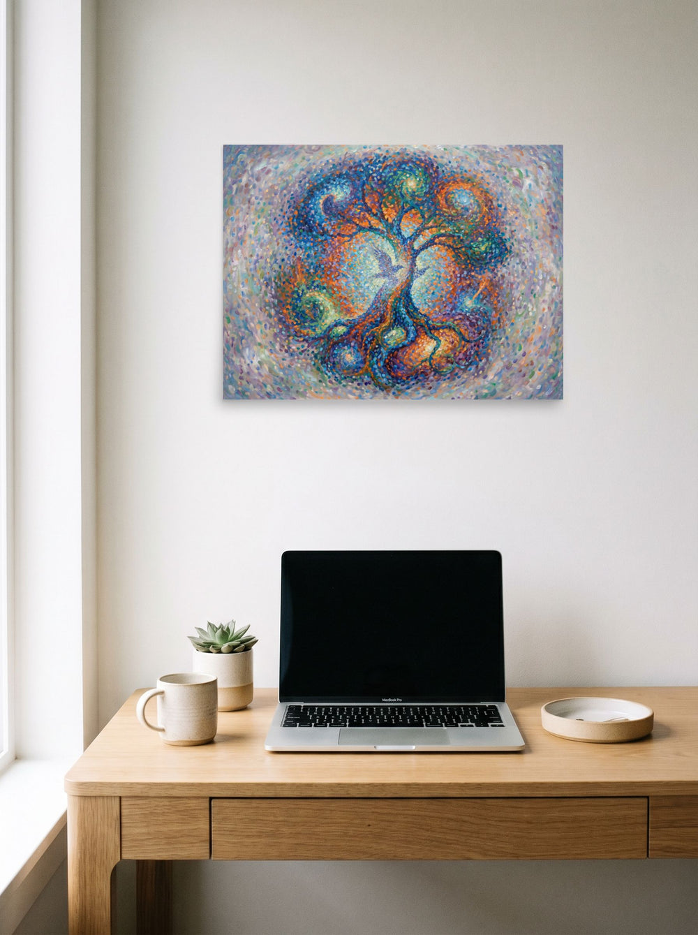 'Cosmic Roots' styled above a home-office workspace, printed as unframed paper at 24x18 inch.