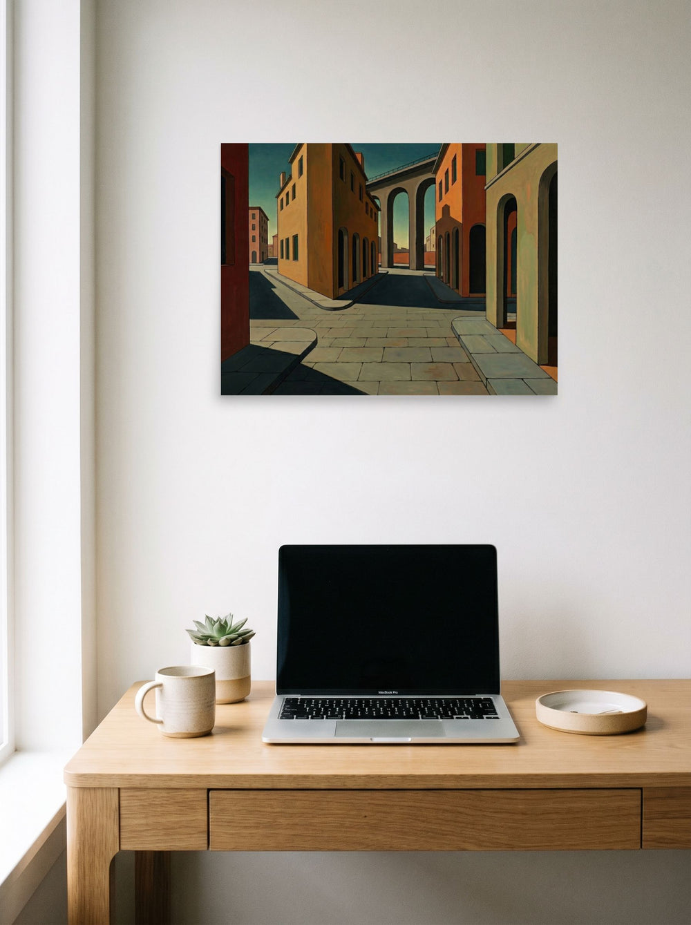 A 24x18 inch unframed paper Metaphysical painting print of 'The Silent Intersection' hanging above a worktable with a laptop.