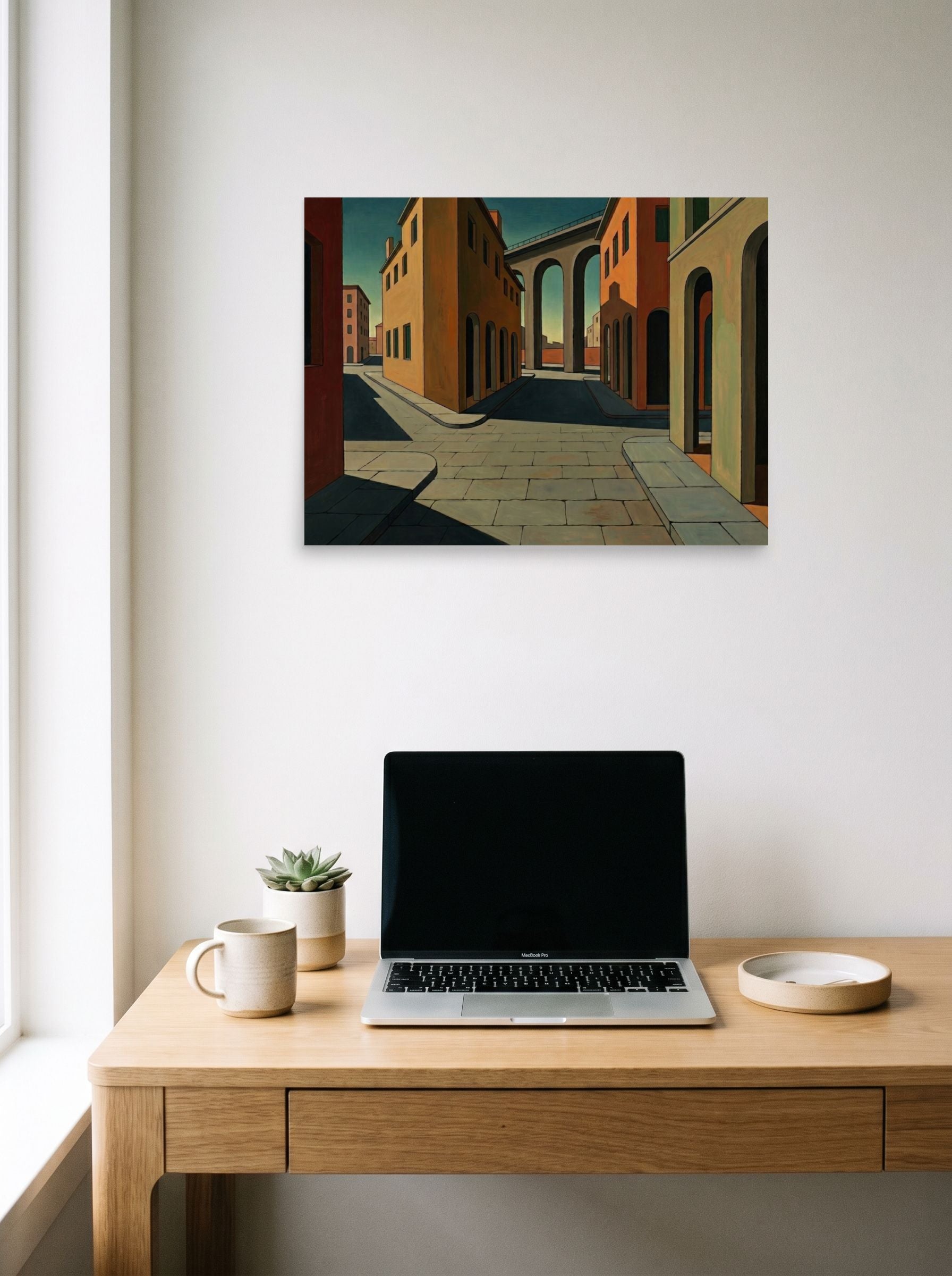 A 24x18 inch unframed paper Metaphysical painting print of 'The Silent Intersection' hanging above a worktable with a laptop.