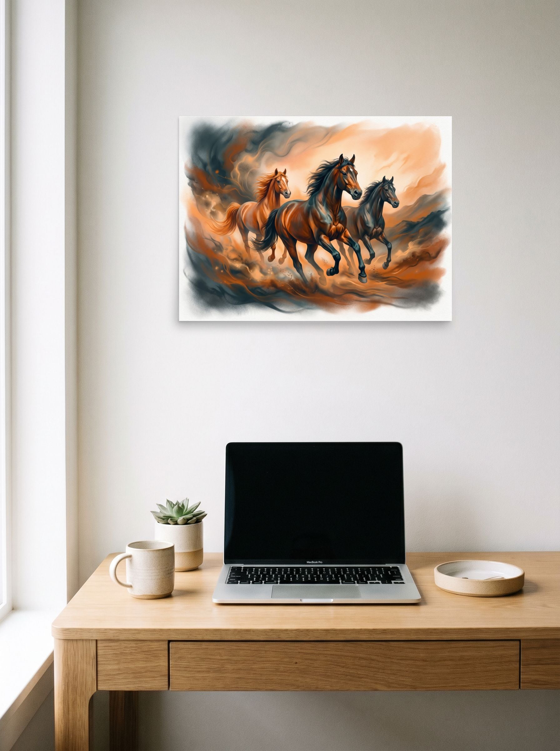 A 24x18 inch unframed paper Realism print of 'Dust and Thunder' hanging above a worktable with a laptop.
